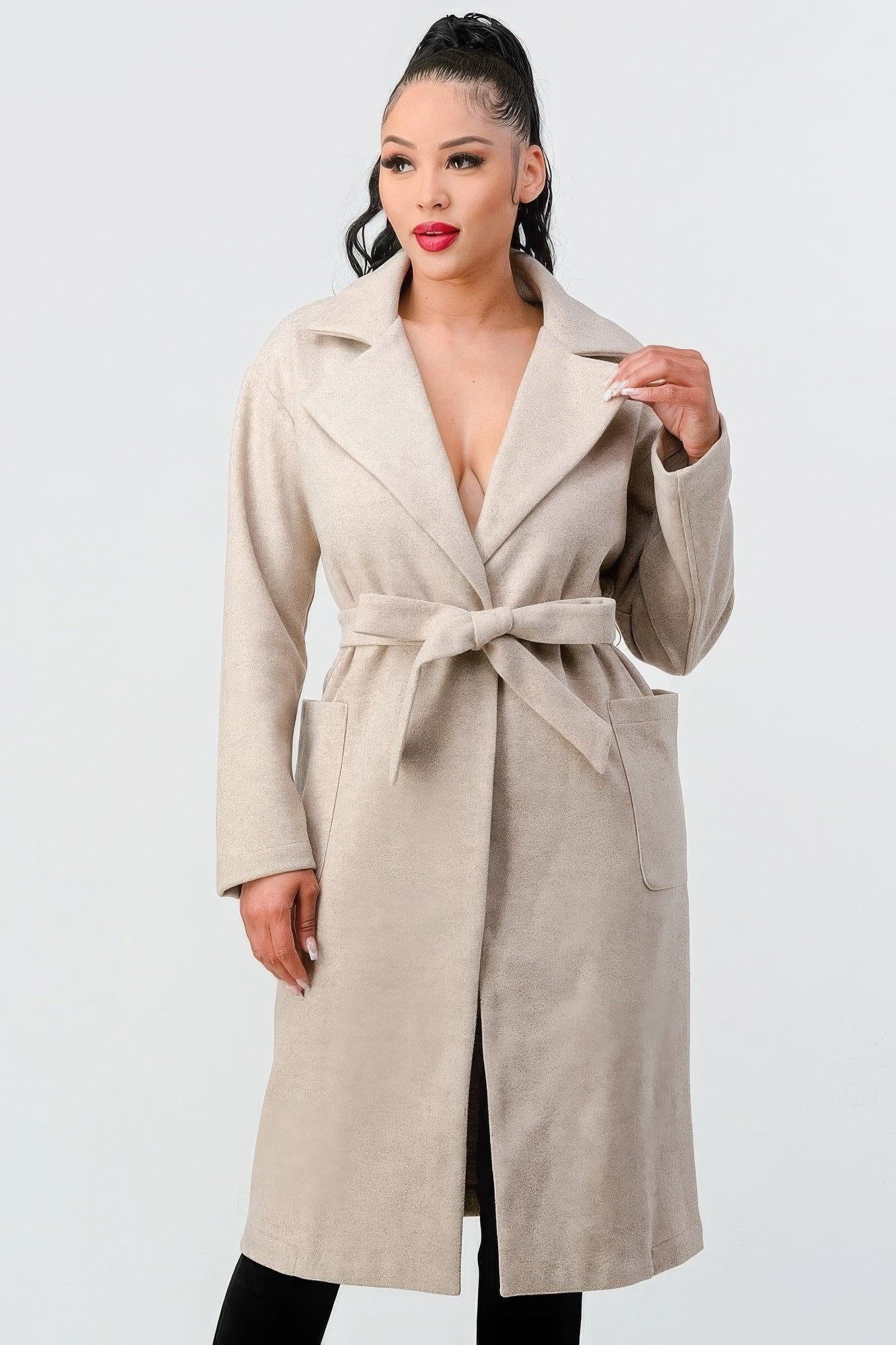 Luxe Wool Waist Tie Side Pockets Midi Length Coat - ShopEasier