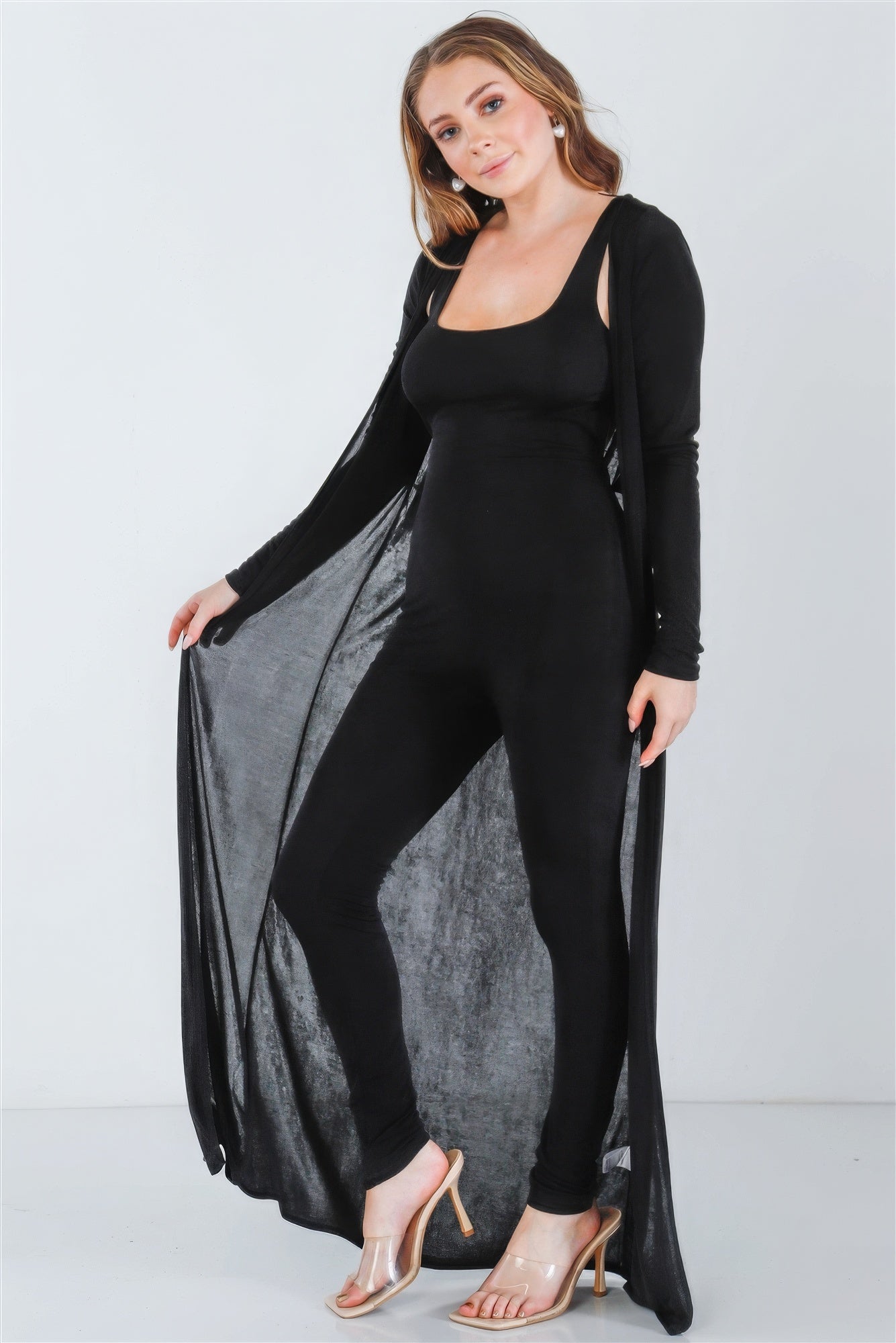 Black Sleeveless Cut-out Detail Slim Fit Jumpsuit & Open Front Long Sleeve Cardigan Set - ShopEasier