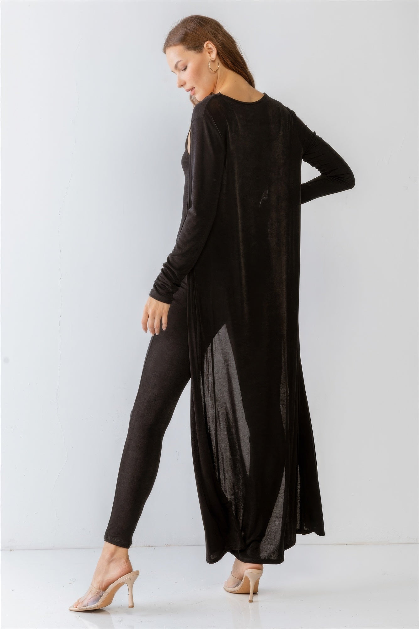 Black Sleeveless Cut-out Detail Slim Fit Jumpsuit & Open Front Long Sleeve Cardigan Set - ShopEasier