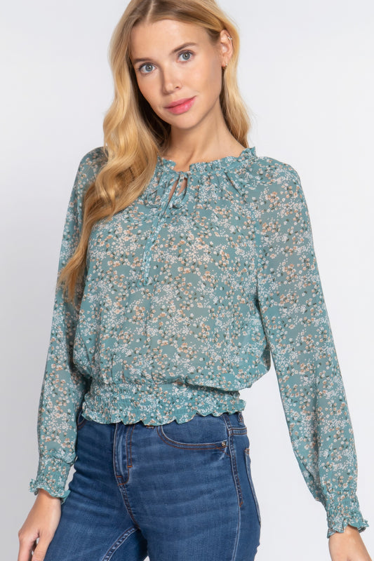 Long Slv Smocked Print Woven Top - ShopEasier