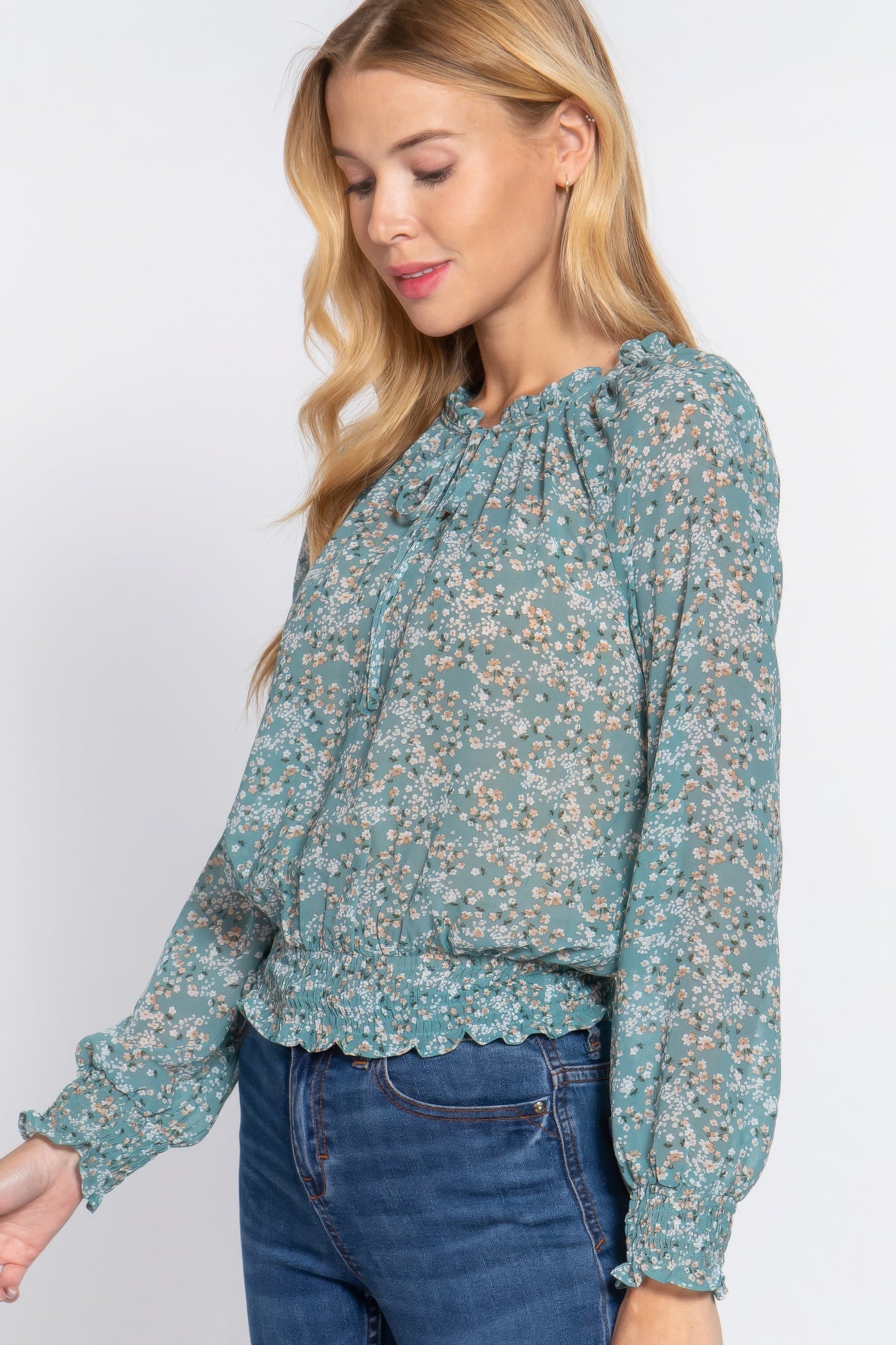 Long Slv Smocked Print Woven Top - ShopEasier