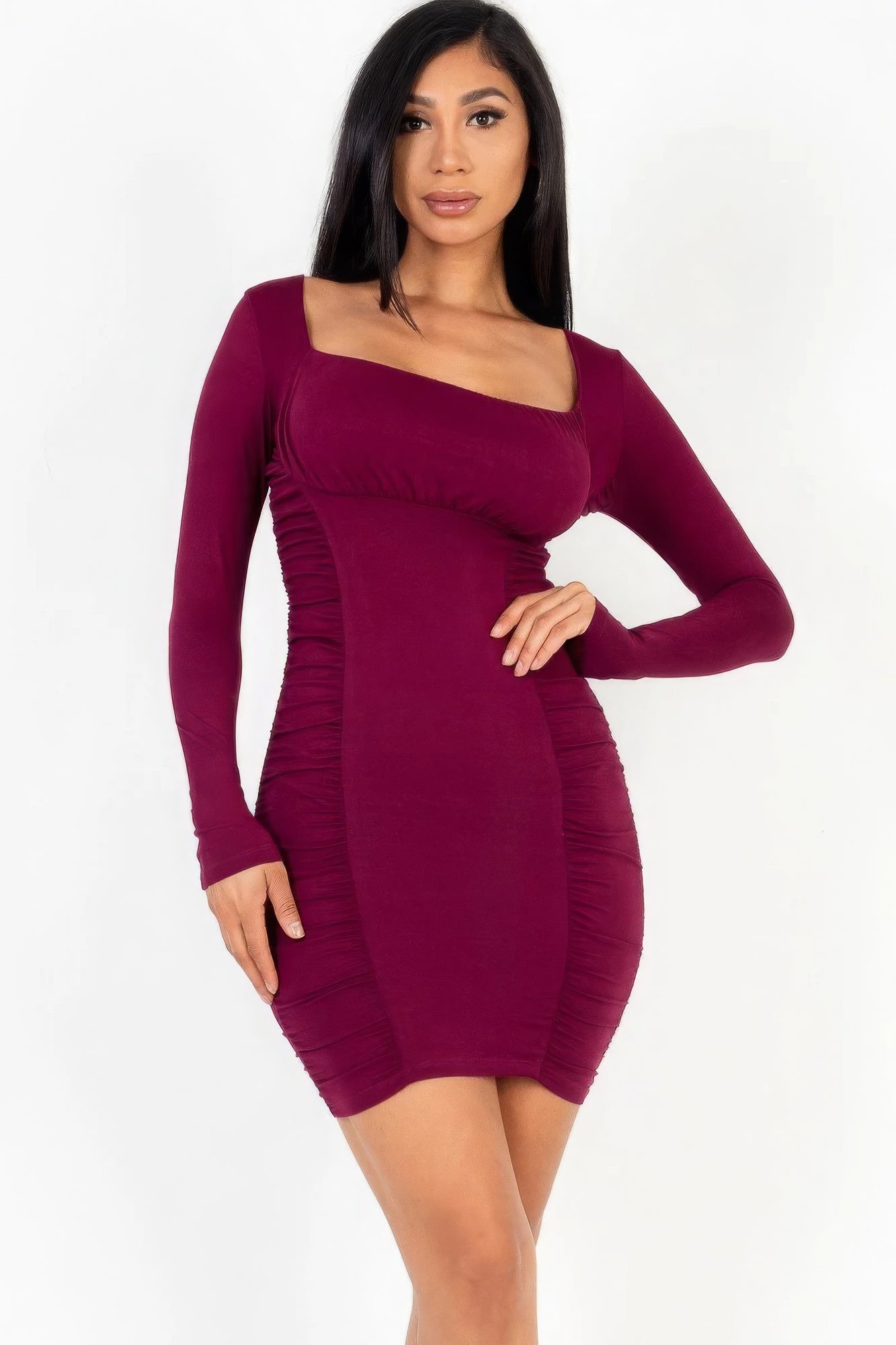 U-neck long sleeve ruched bodycon mini dress - ShopEasier