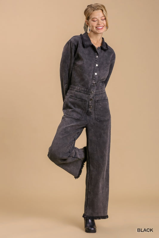 Mid button down stone wash wide leg distressed jumpsuit & side pockets with no lining - ShopEasier