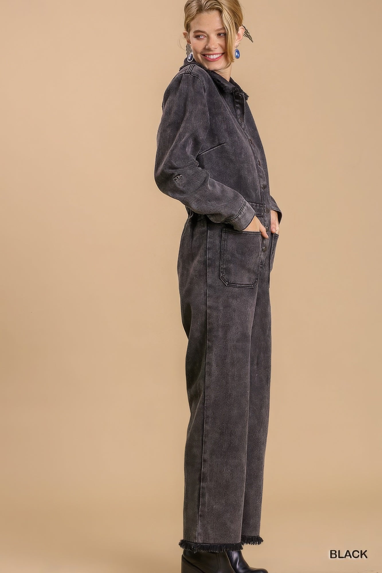 Mid button down stone wash wide leg distressed jumpsuit & side pockets with no lining - ShopEasier