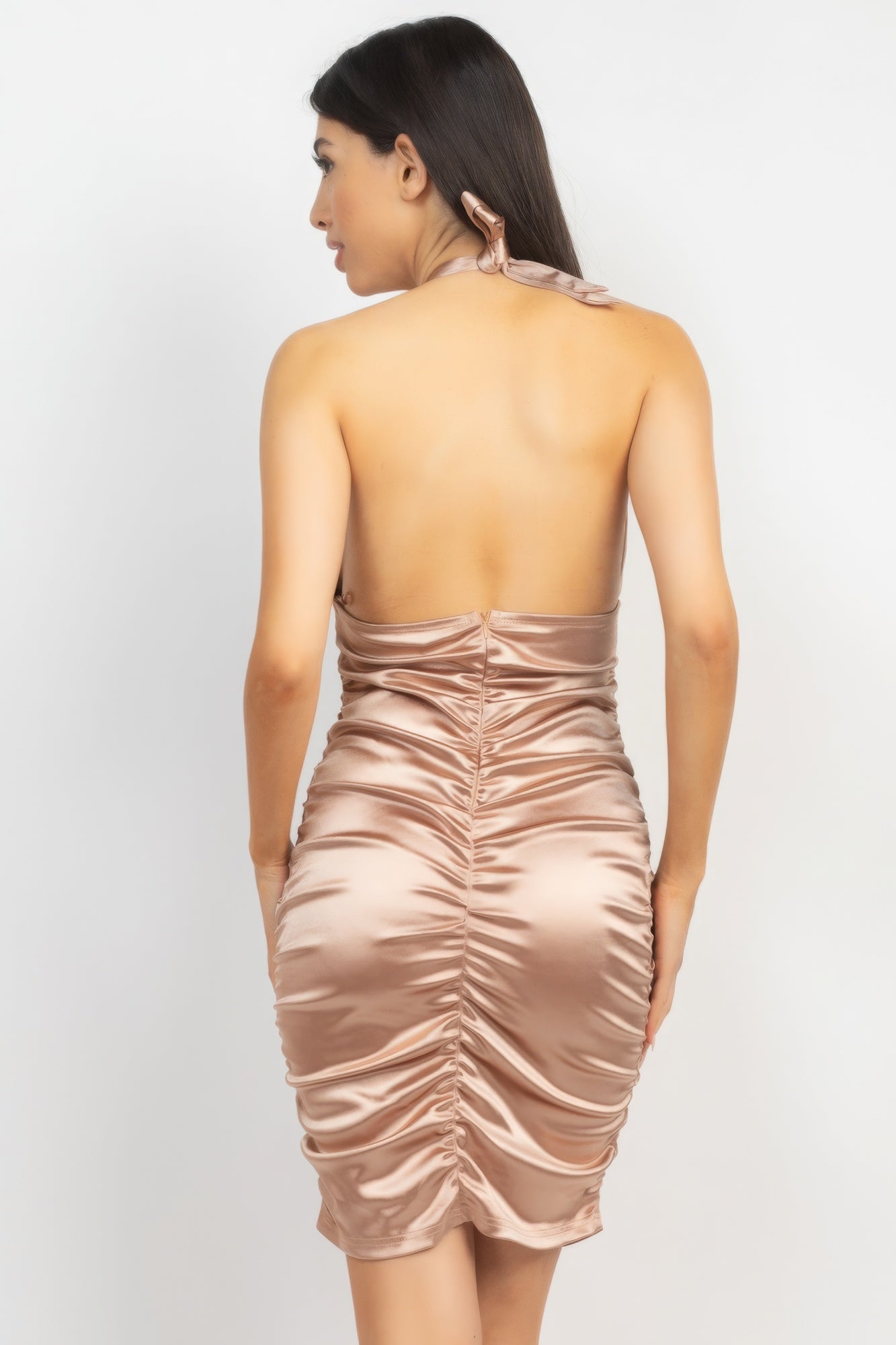 Halter Satin Ruching Dress - ShopEasier