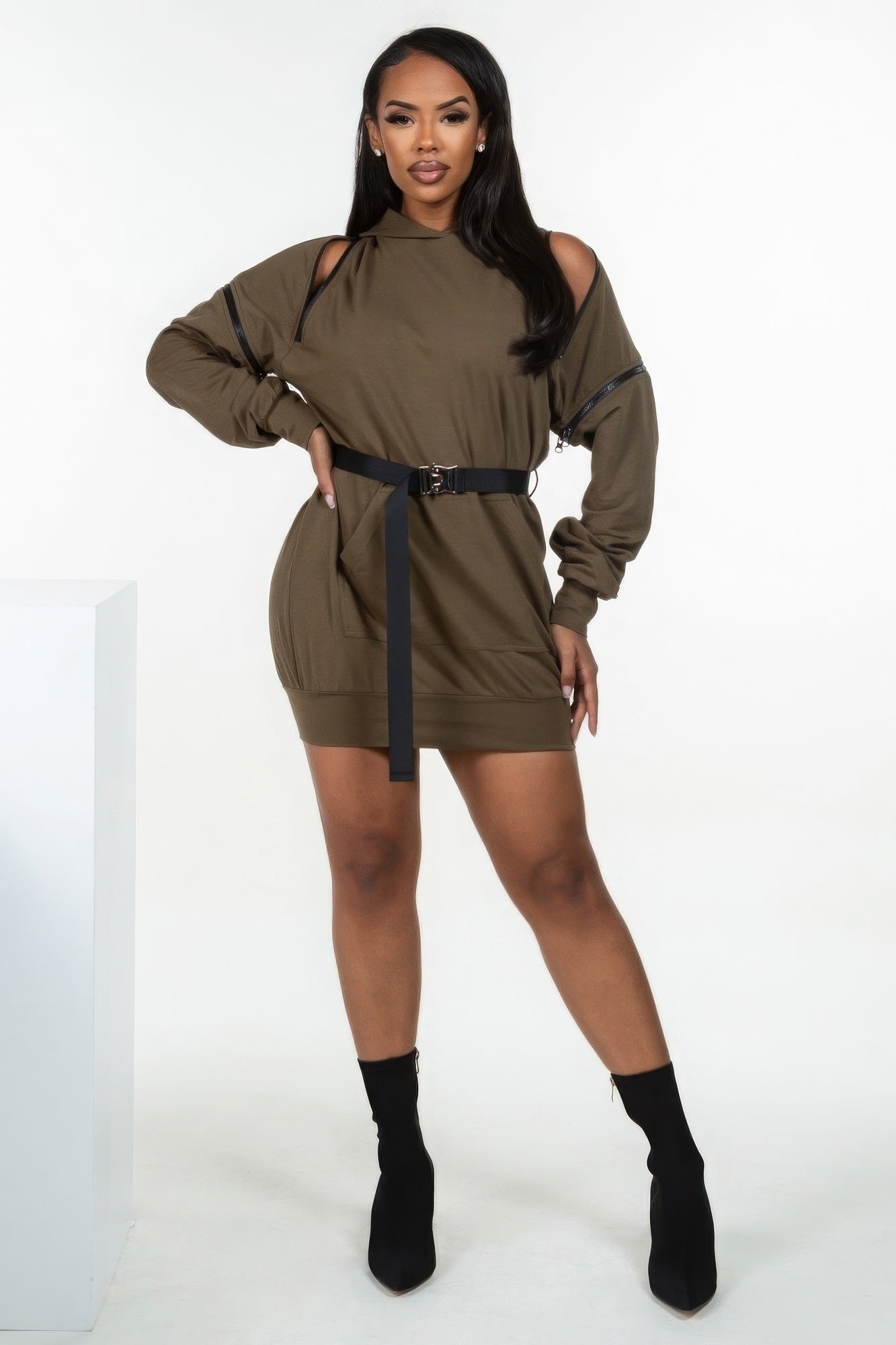 Double Zipper Long Sleeve Hooded Mini Dress - ShopEasier