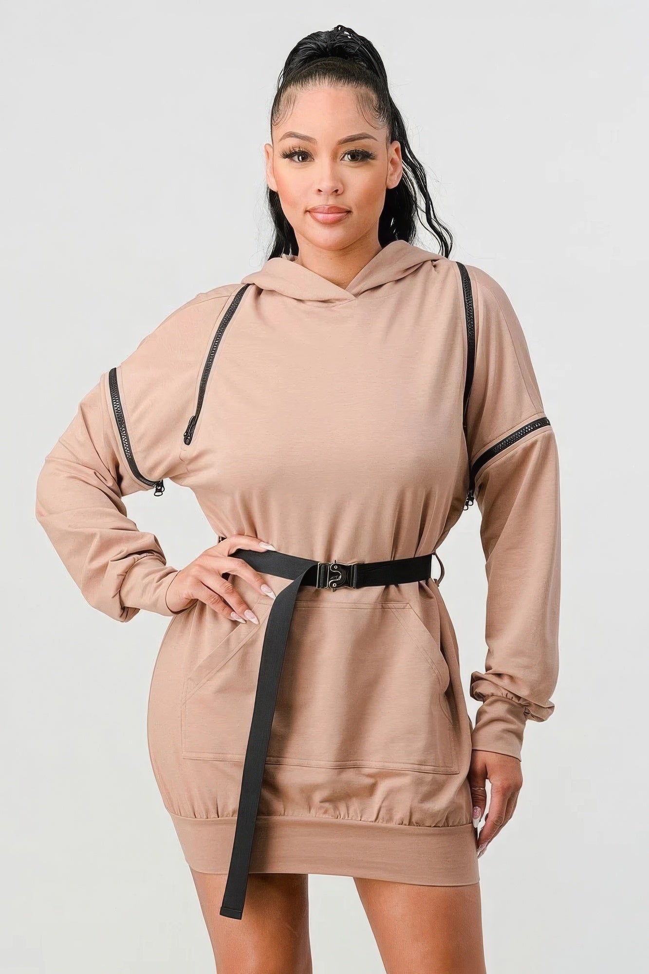 Double Zipper Long Sleeve Hooded Mini Dress - ShopEasier