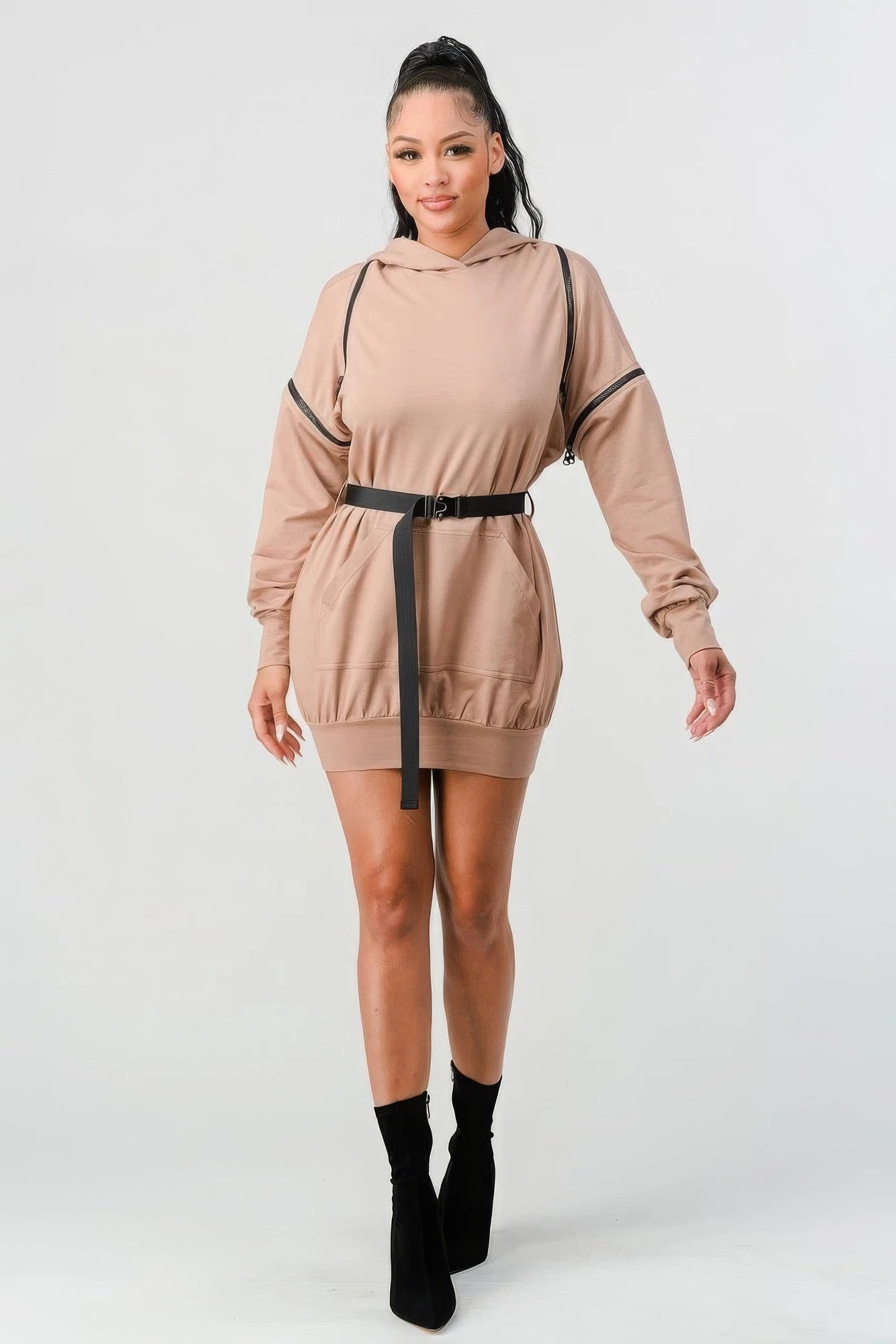 Double Zipper Long Sleeve Hooded Mini Dress - ShopEasier