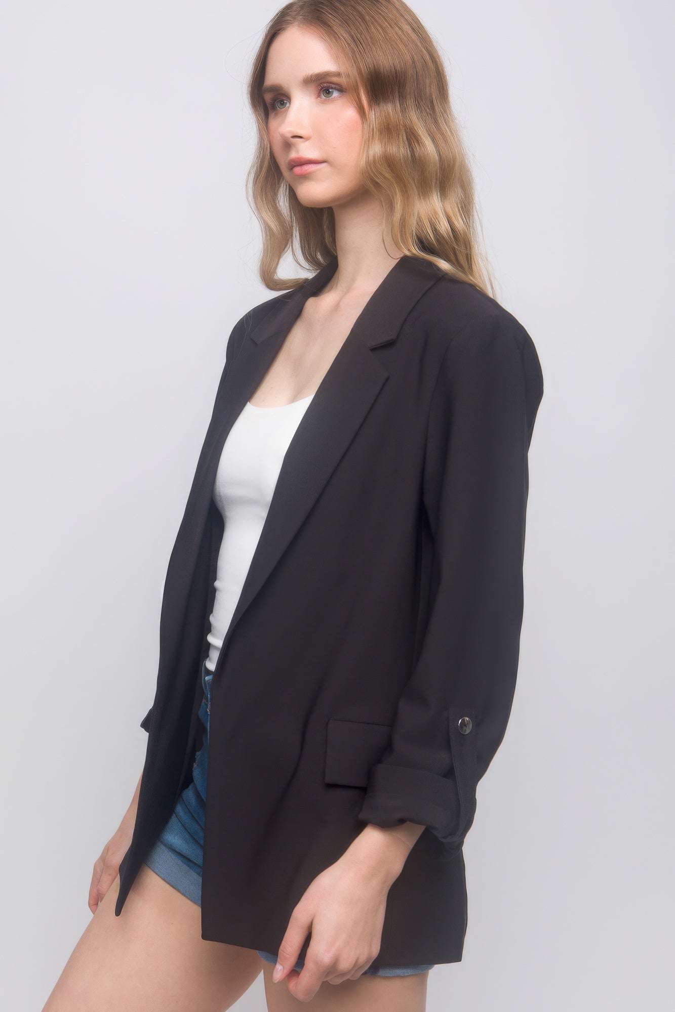 Woven Solid 3/4 Sleeve Blazer - ShopEasier