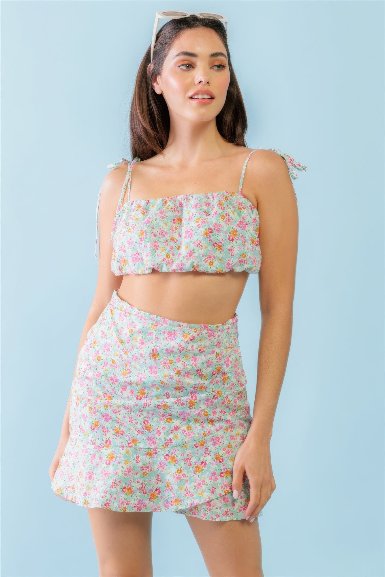 Mint Fuchsia Print Cotton Sleeveless Strappy Crop Top & High Waist Wrap Hem Mini Skirt Set - ShopEasier