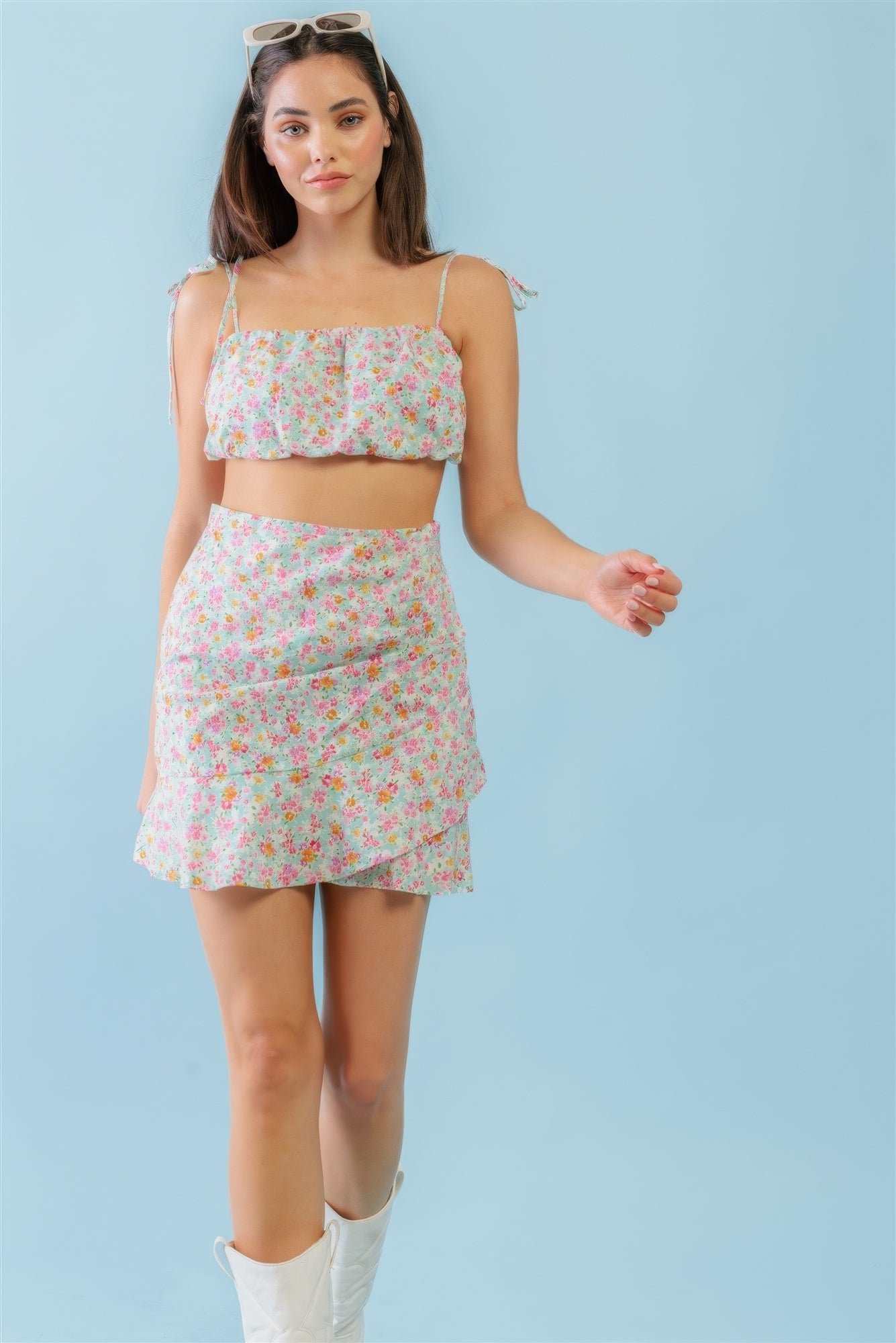 Mint Fuchsia Print Cotton Sleeveless Strappy Crop Top & High Waist Wrap Hem Mini Skirt Set - ShopEasier