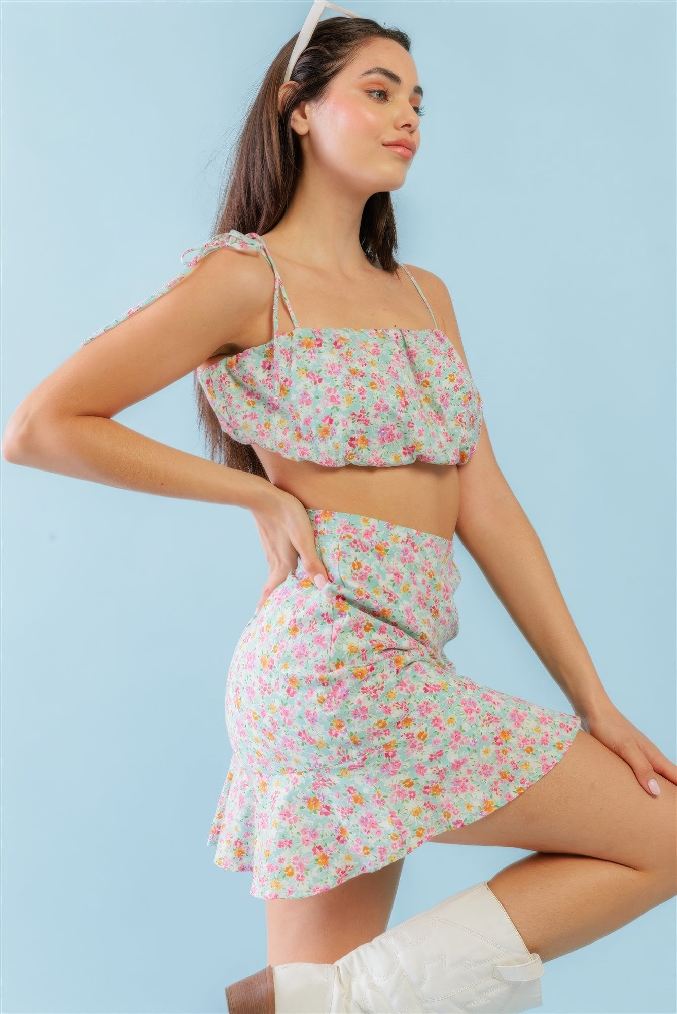 Mint Fuchsia Print Cotton Sleeveless Strappy Crop Top & High Waist Wrap Hem Mini Skirt Set - ShopEasier