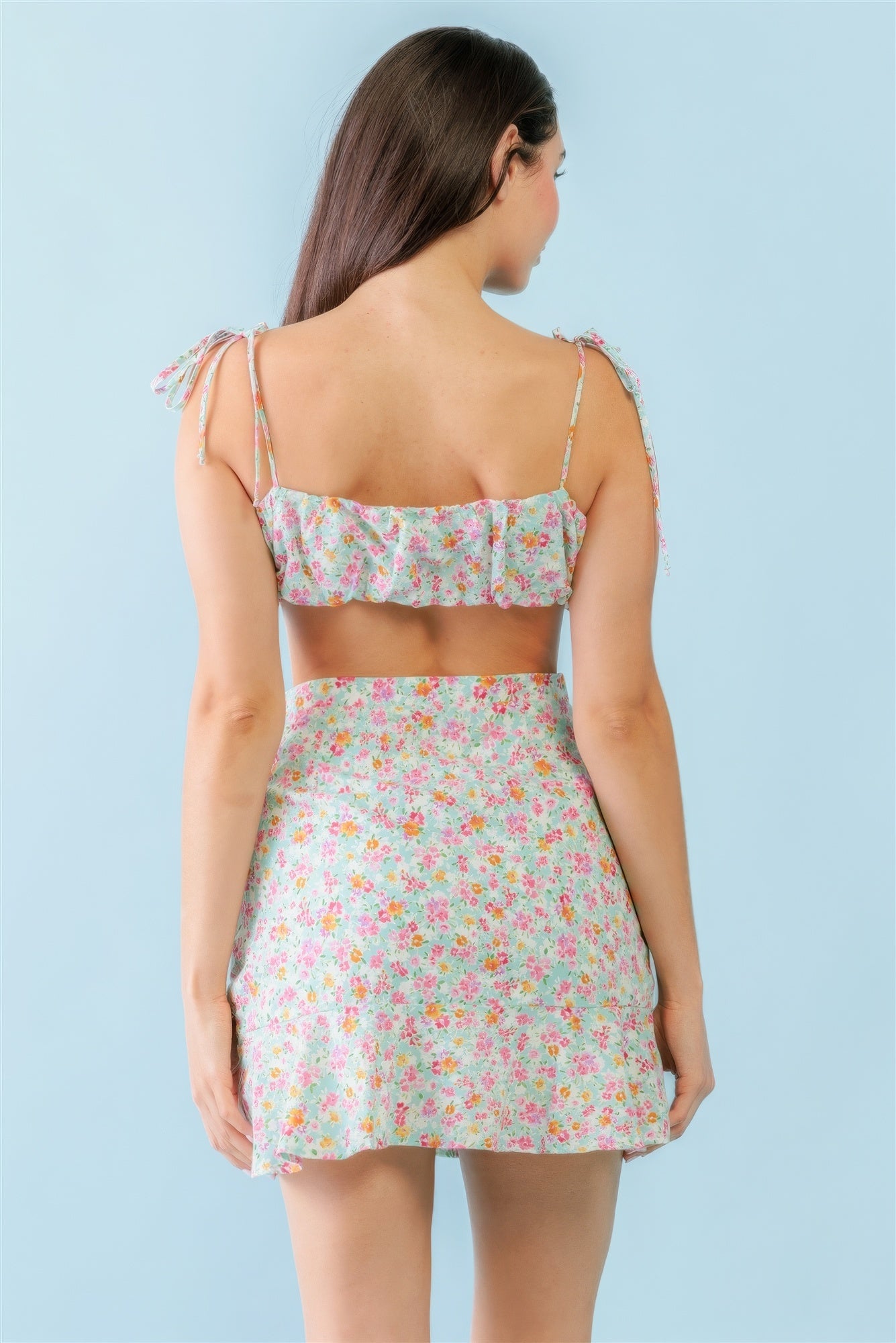 Mint Fuchsia Print Cotton Sleeveless Strappy Crop Top & High Waist Wrap Hem Mini Skirt Set - ShopEasier