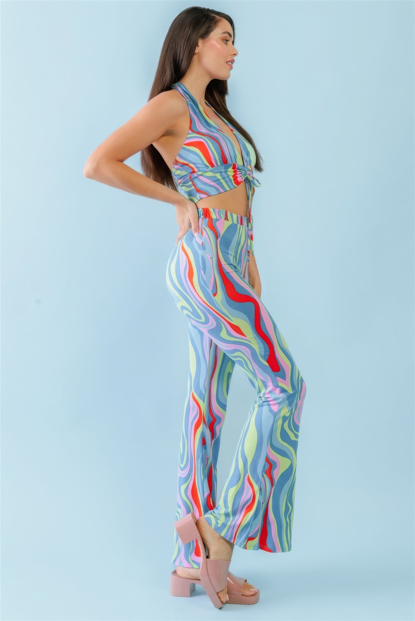 Multicolor Abstract Print Halter V-neck Ruched Open Back Crop Top & High Waist Pants Set - ShopEasier