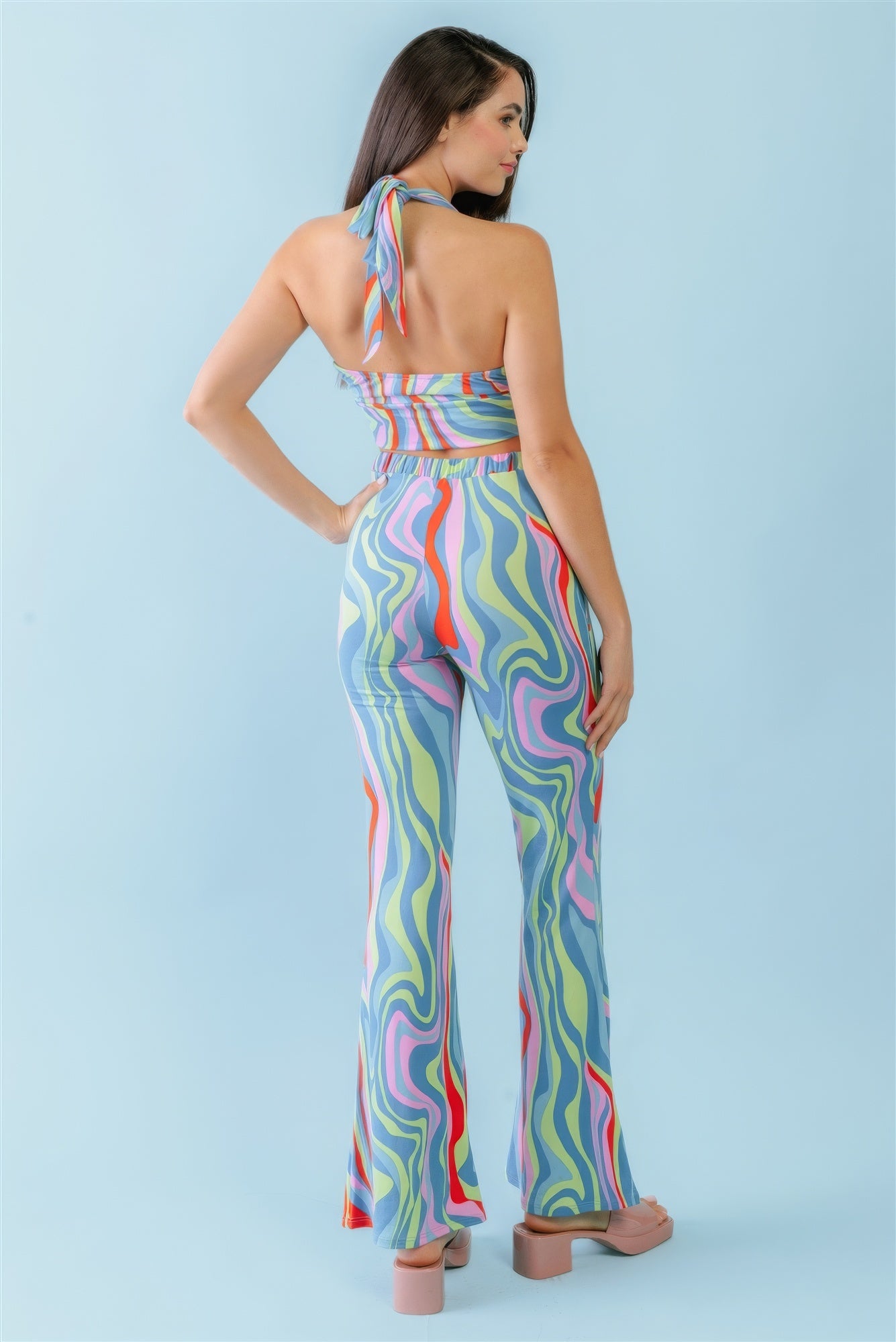 Multicolor Abstract Print Halter V-neck Ruched Open Back Crop Top & High Waist Pants Set - ShopEasier