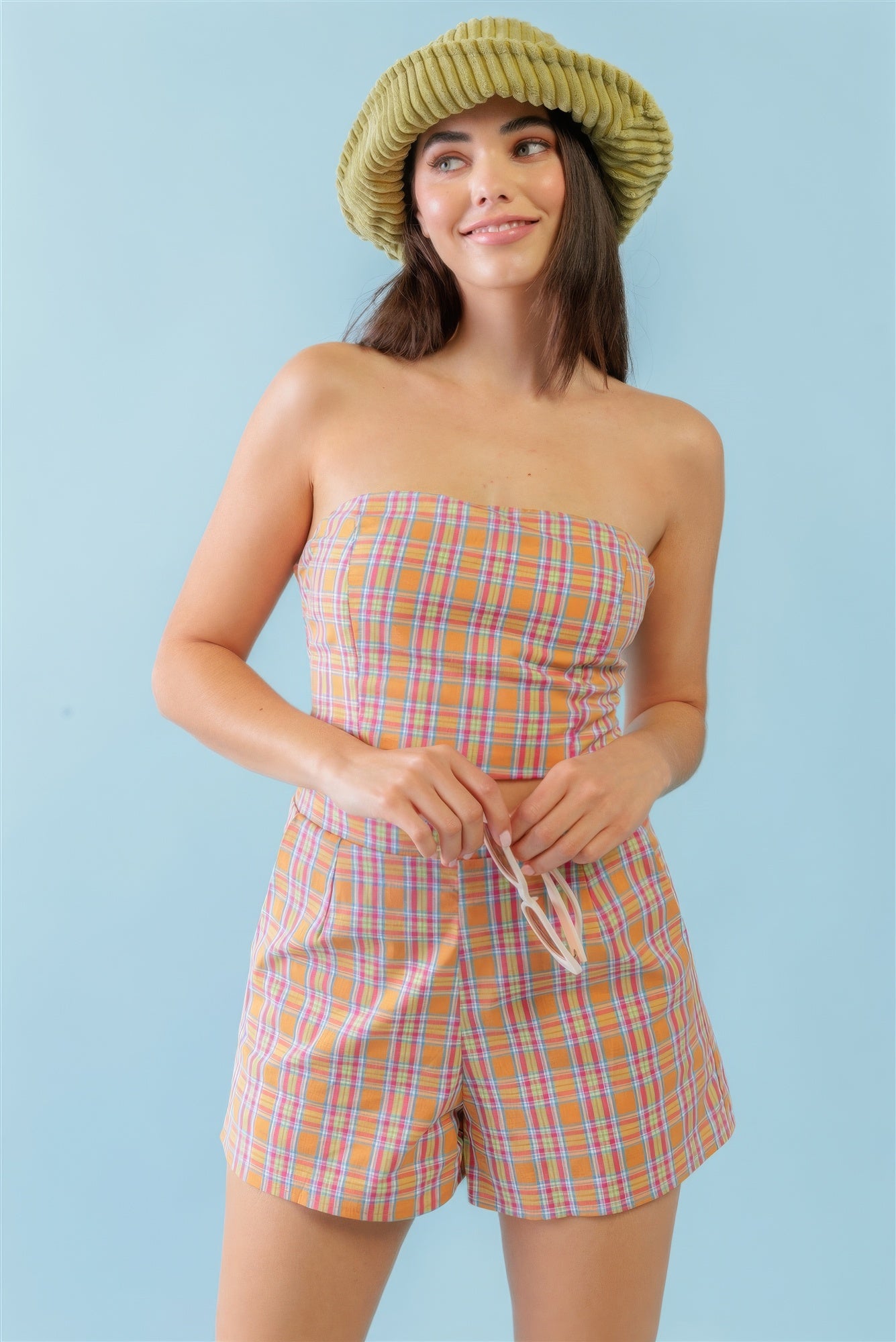 Orange & Aqua Plaid Print Cotton Strapless Crop Top & High Waist Two Pocket Shorts Set - ShopEasier