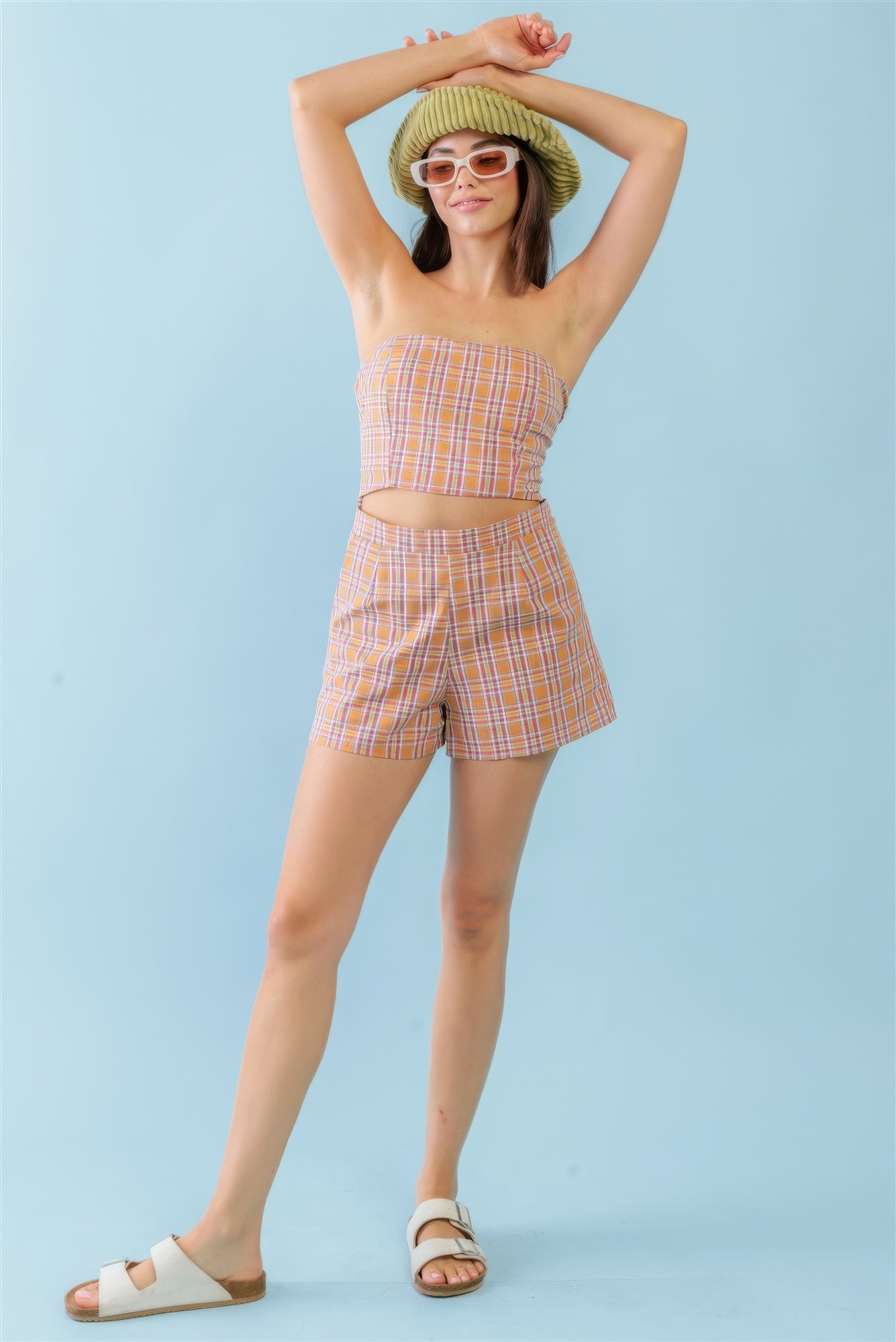 Orange & Aqua Plaid Print Cotton Strapless Crop Top & High Waist Two Pocket Shorts Set - ShopEasier