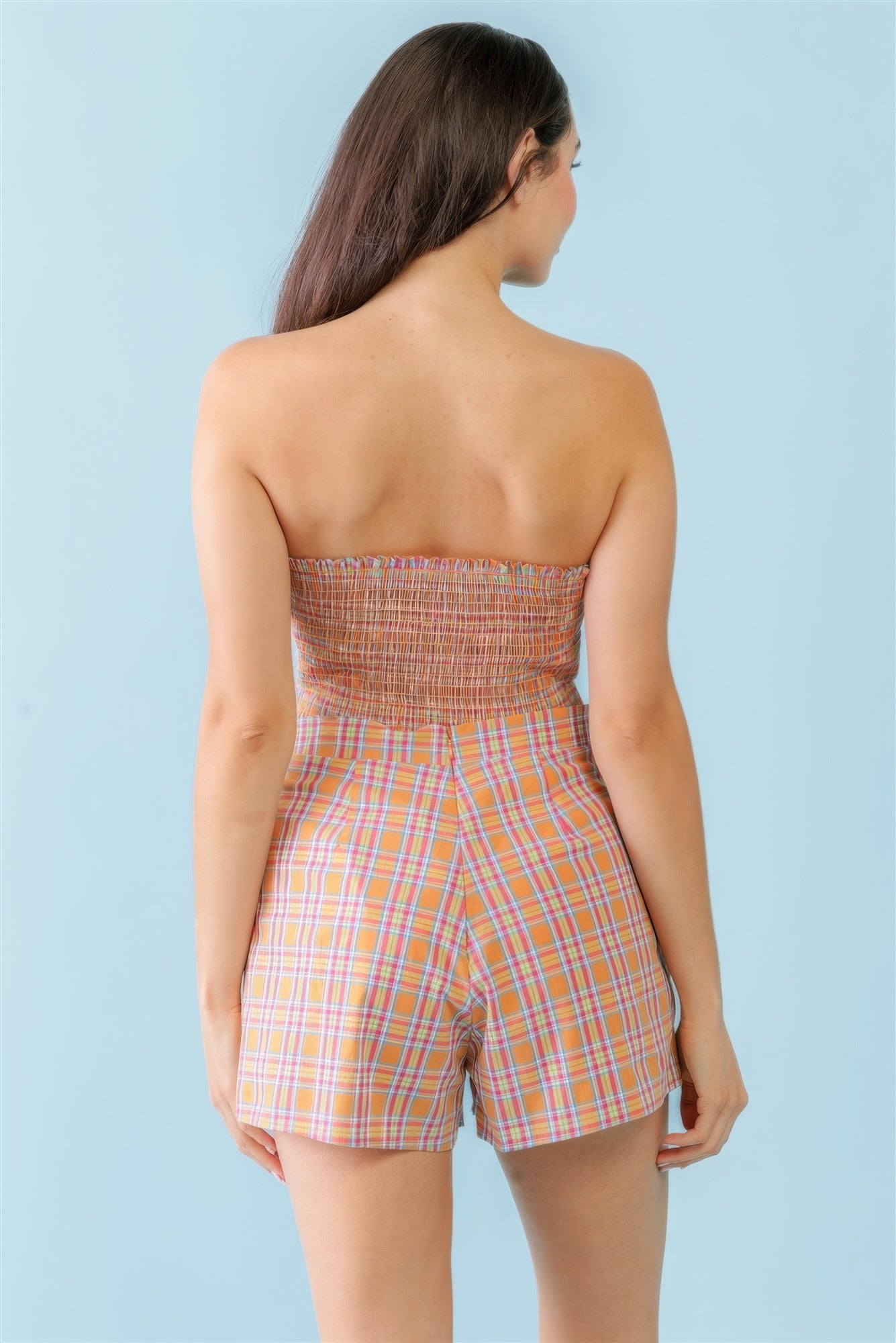 Orange & Aqua Plaid Print Cotton Strapless Crop Top & High Waist Two Pocket Shorts Set - ShopEasier