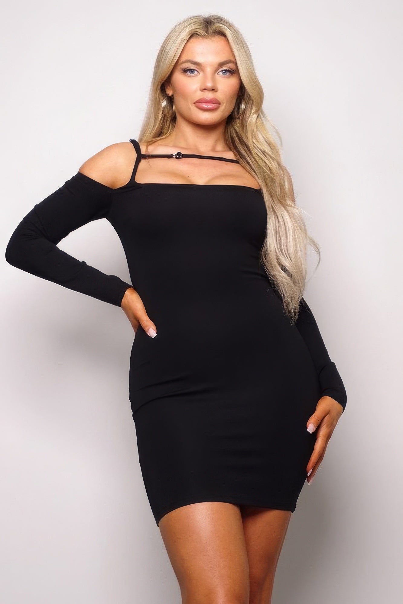 Long Sleeve Cuff Front Strap Mini Dress - ShopEasier