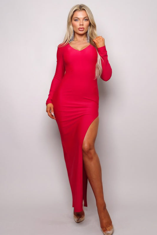 Long Sleeve V Neck Open Back Maxi Dress - ShopEasier