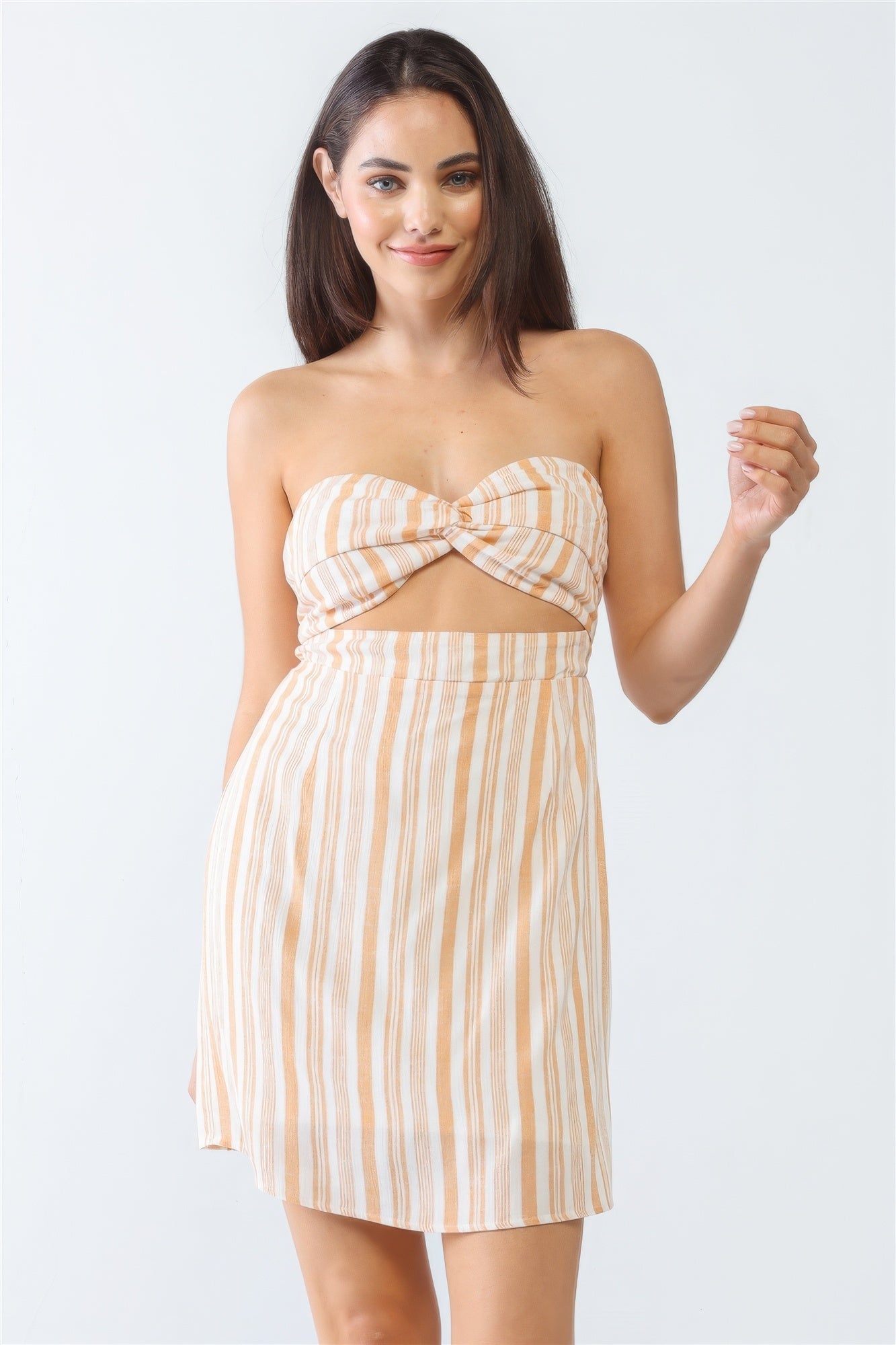 White & Apricot Stripe Print Strapless Twist Cut-out Smocked Back Mini Dress - ShopEasier