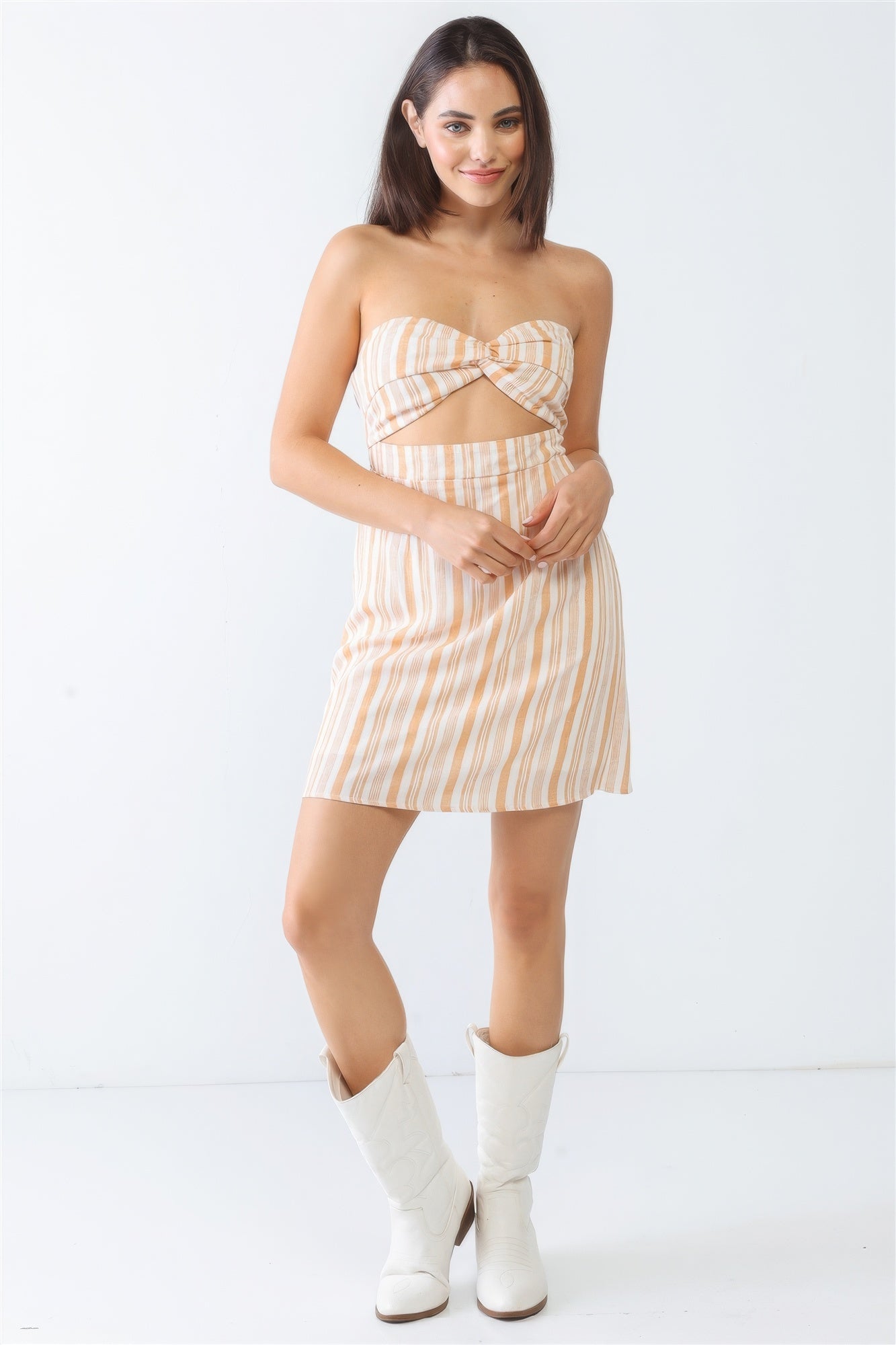 White & Apricot Stripe Print Strapless Twist Cut-out Smocked Back Mini Dress - ShopEasier