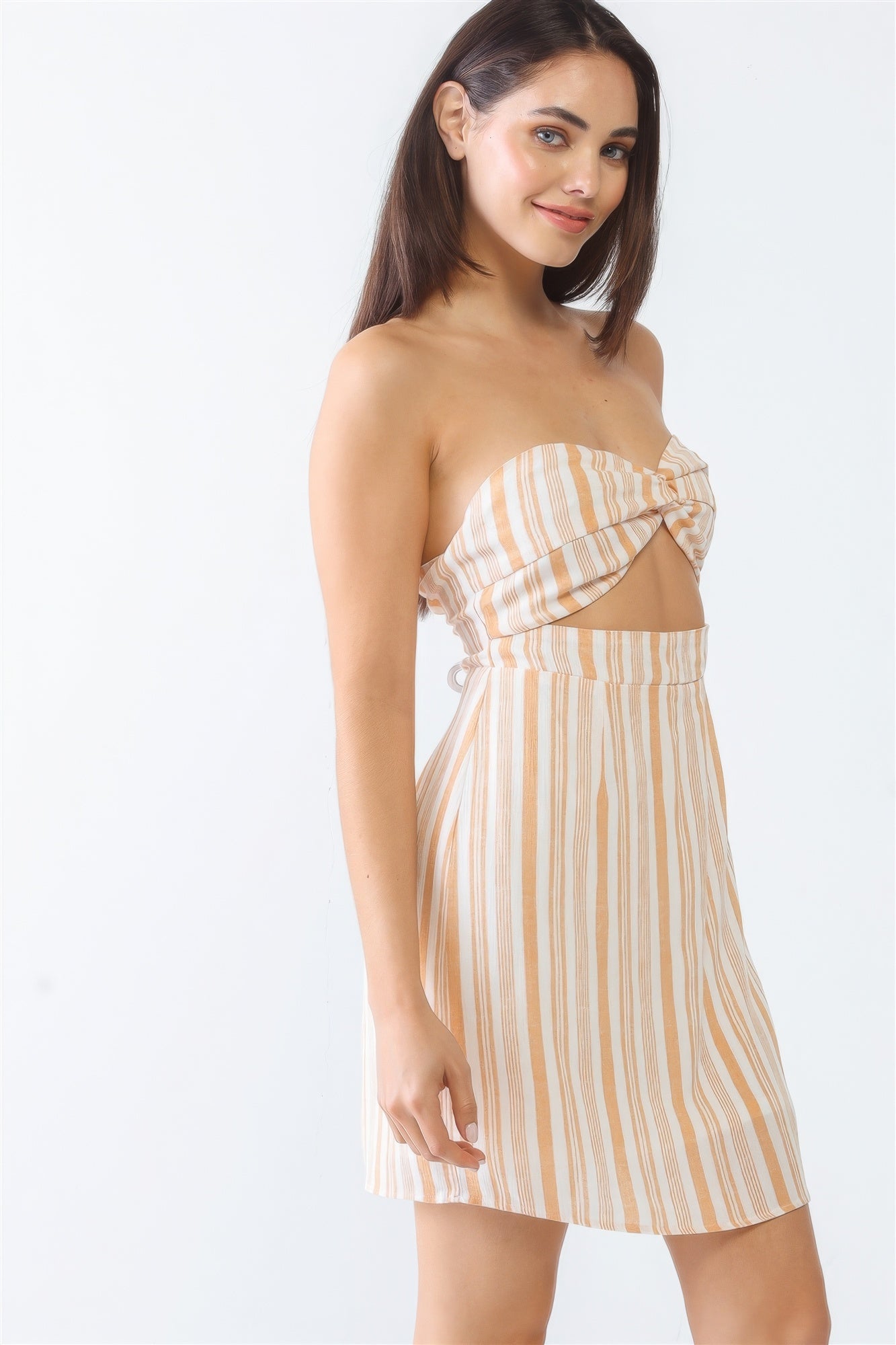 White & Apricot Stripe Print Strapless Twist Cut-out Smocked Back Mini Dress - ShopEasier