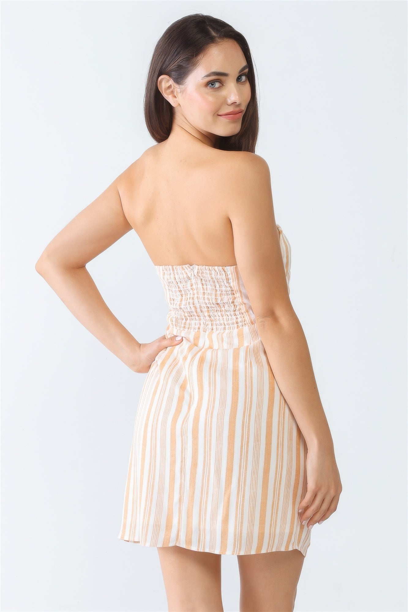 White & Apricot Stripe Print Strapless Twist Cut-out Smocked Back Mini Dress - ShopEasier