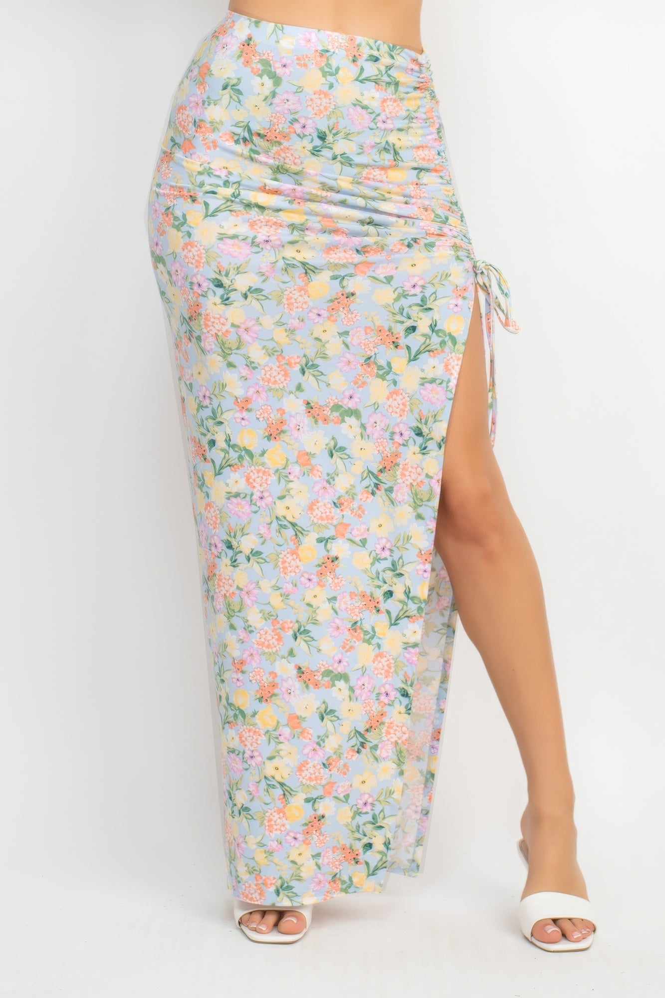 Front Knot Floral Top & Ruched Maxi Skirts Set - ShopEasier