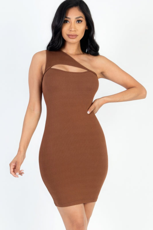 Ribbed One Shoulder Cutout Front Mini Bodycon Dress - ShopEasier