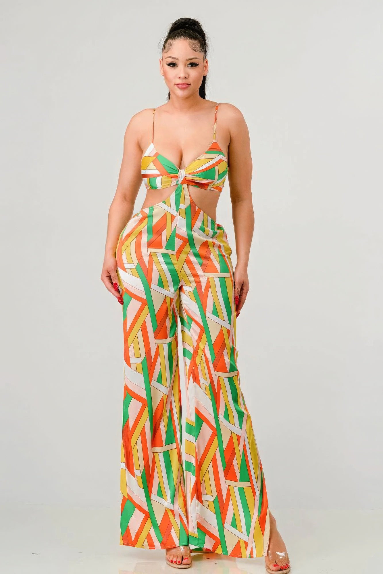 Luxe geo print satin bra top and palazzo jumpsuit - ShopEasier