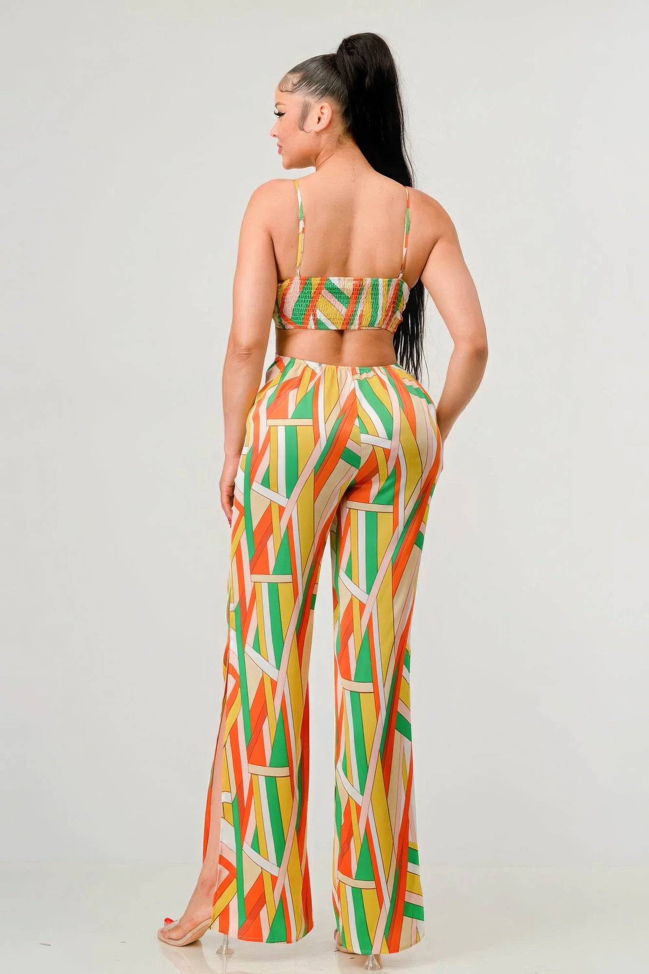 Luxe geo print satin bra top and palazzo jumpsuit - ShopEasier