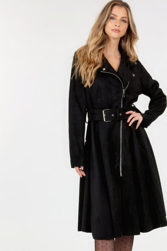 Waist Belt Tacked Faux Suede Coat Solid Coat - ShopEasier