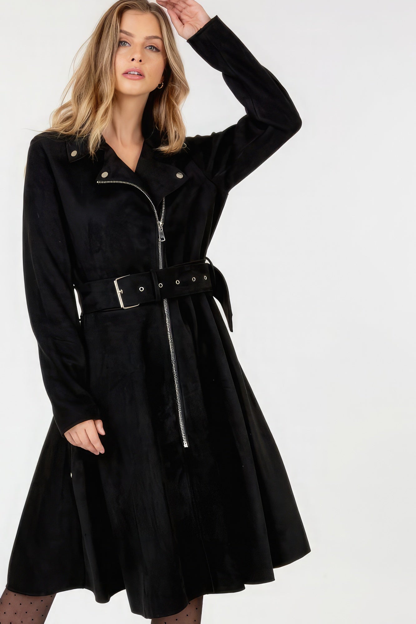 Waist Belt Tacked Faux Suede Coat Solid Coat - ShopEasier