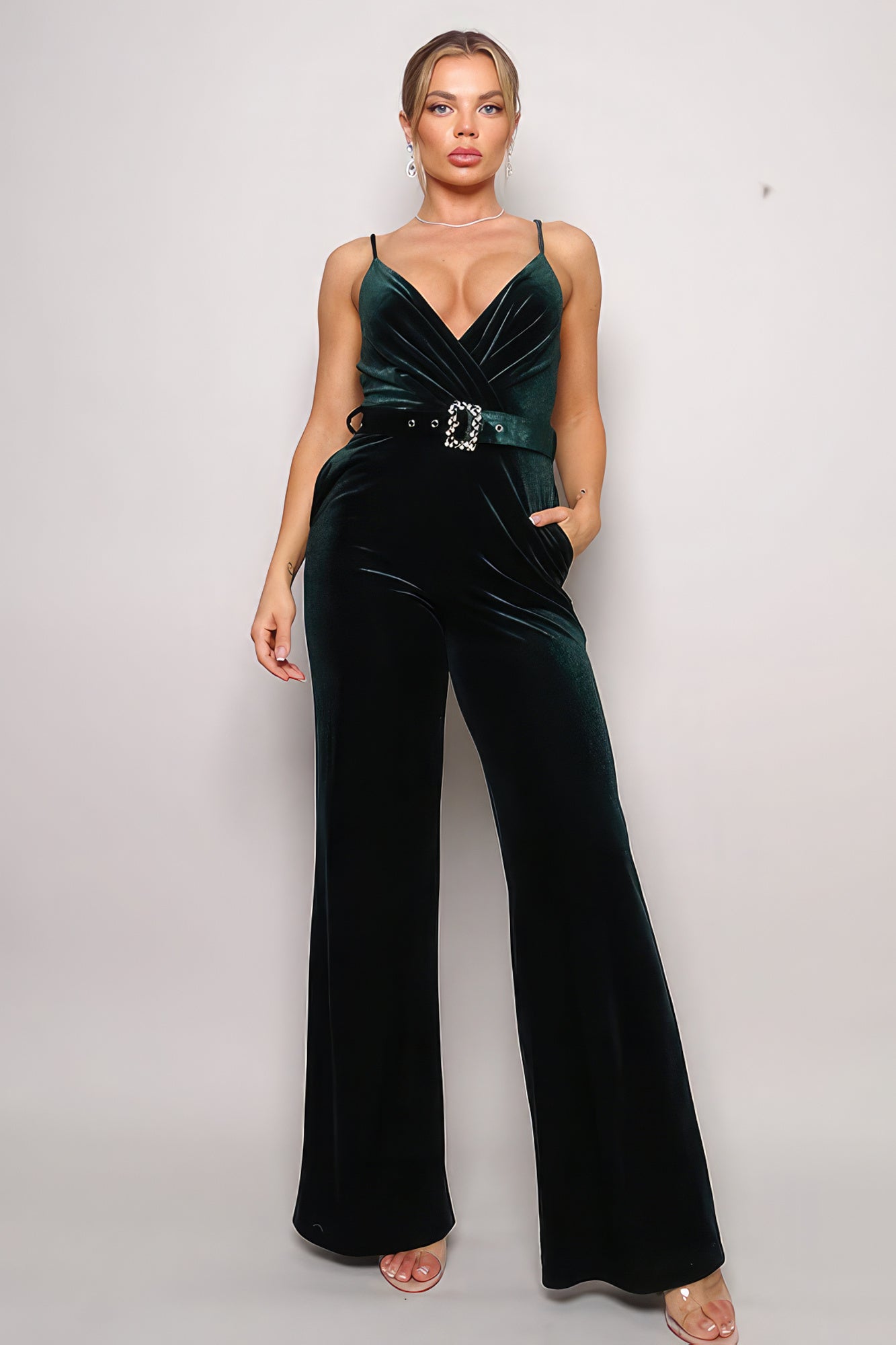 Samba Rhinestone Belt Velvet Jumpsuit - ShopEasier