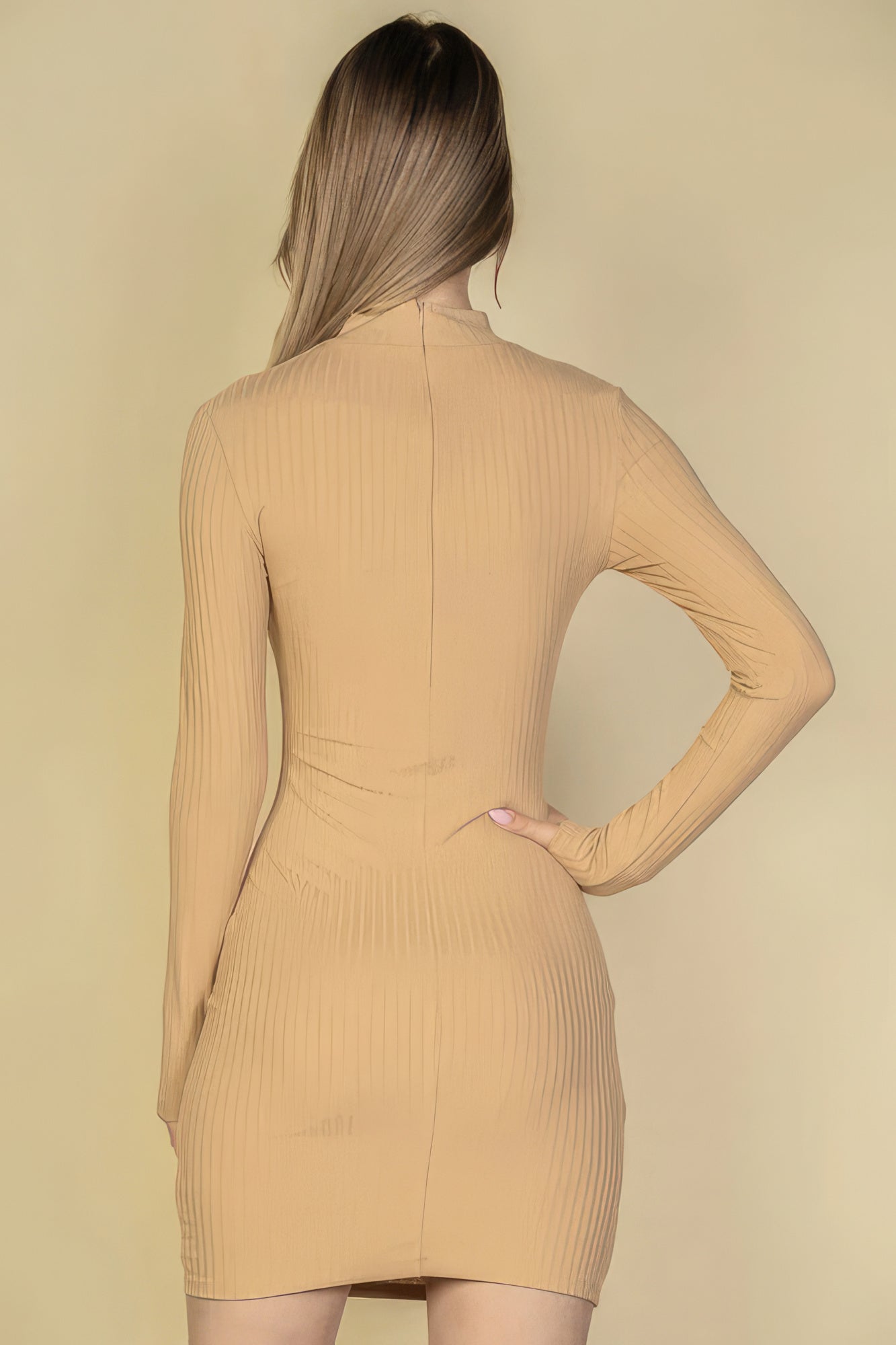 Ribbed Cut Out Front Long Sleeve Bodycon Mini Dress - ShopEasier