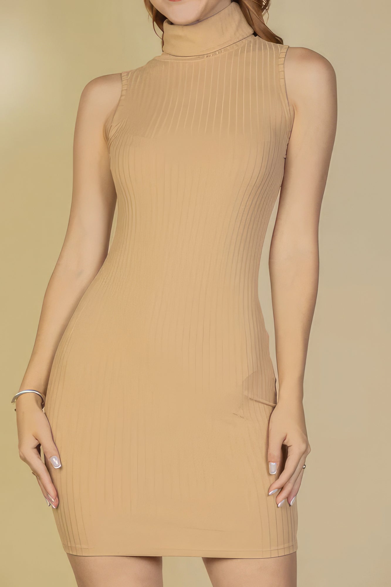 Ribbed Turtle Neck Sleeveless Bodycon Mini Dress - ShopEasier