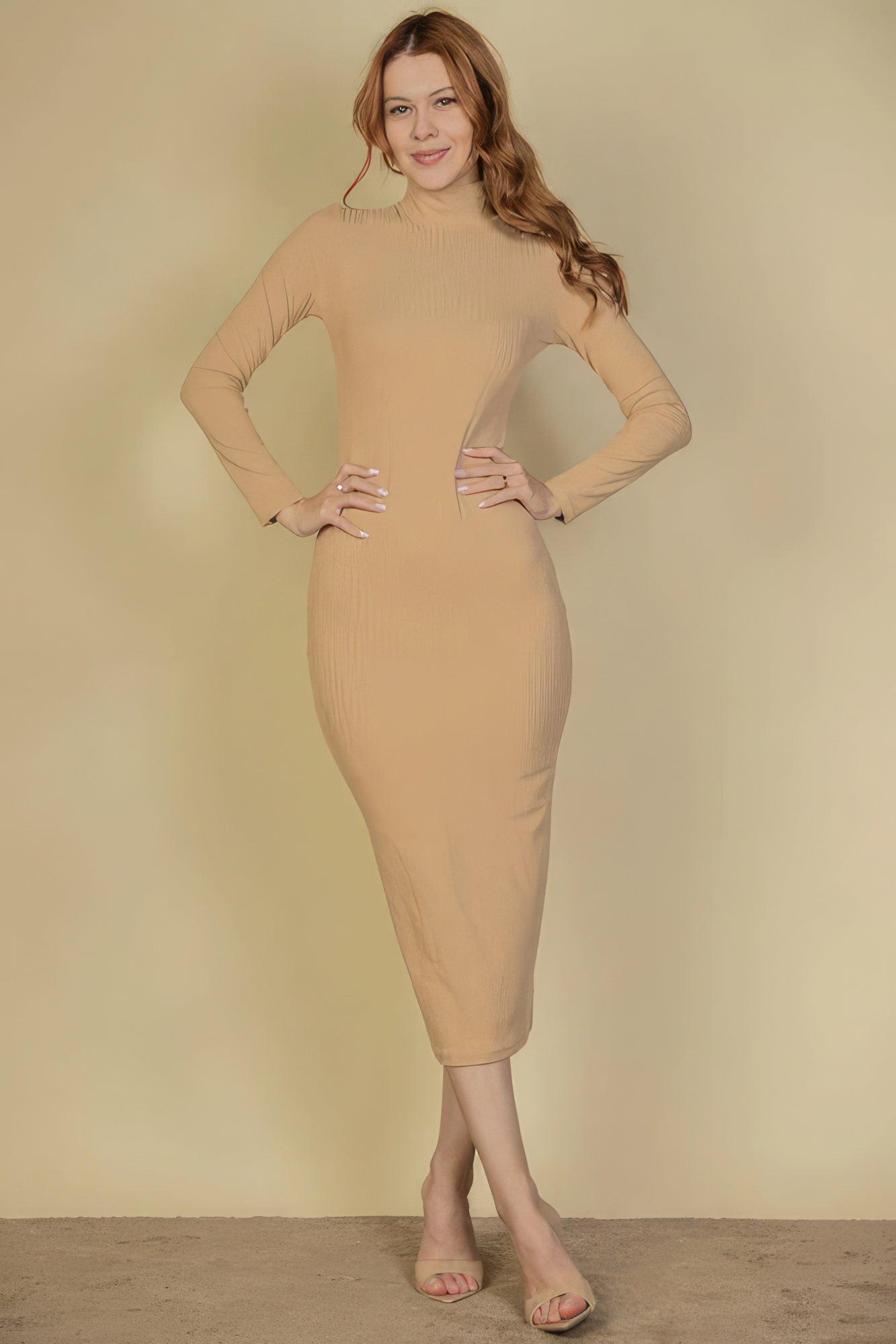 Ribbed Mock Neck Long Sleeve Bodycon Midi Dress - ShopEasier