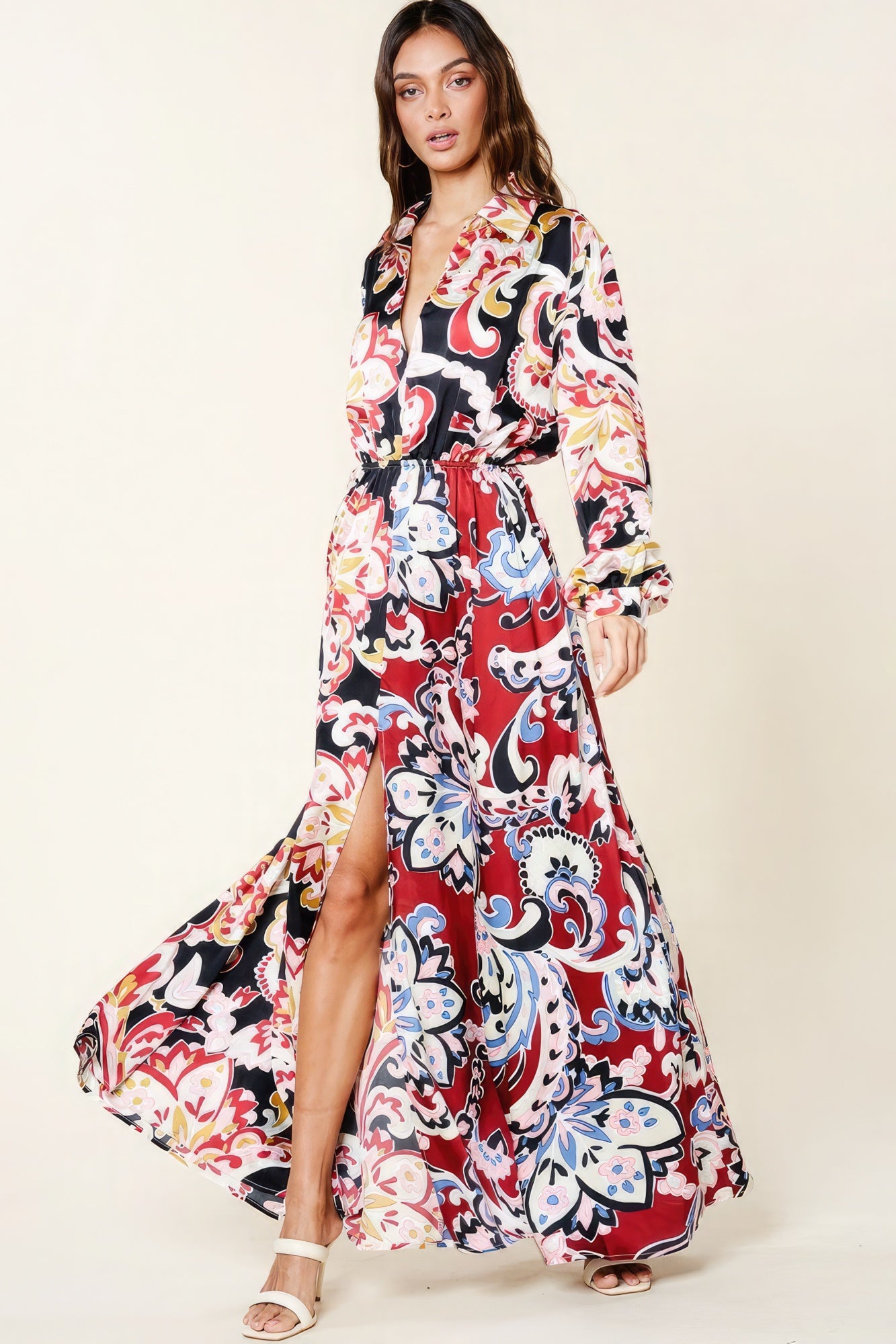 Color Block Printed V Neck Dress - ShopEasier