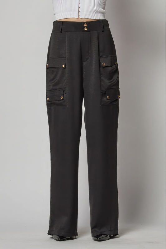 Satin Cargo Pocket Wide Leg Pants - ShopEasier