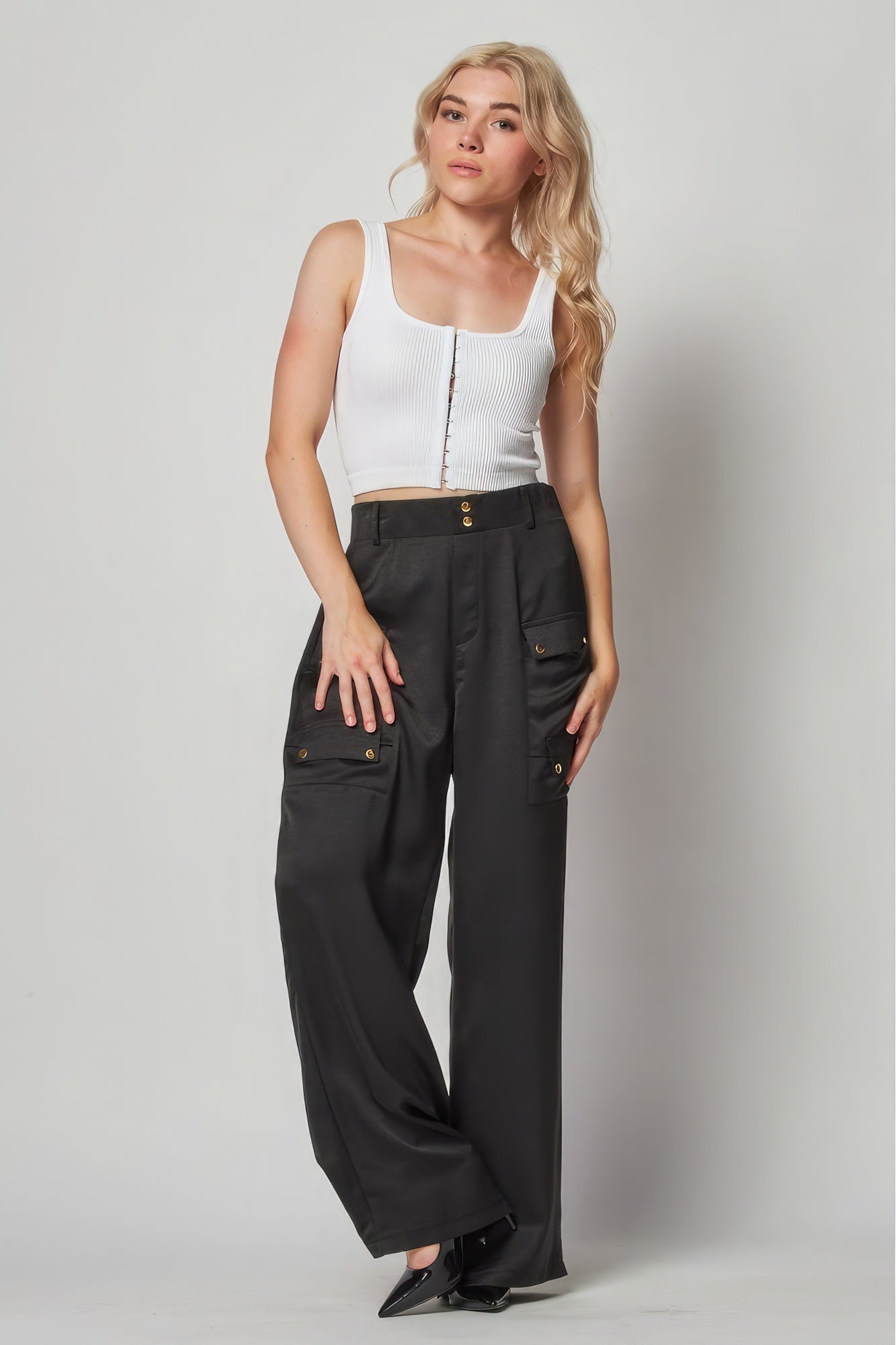 Satin Cargo Pocket Wide Leg Pants - ShopEasier