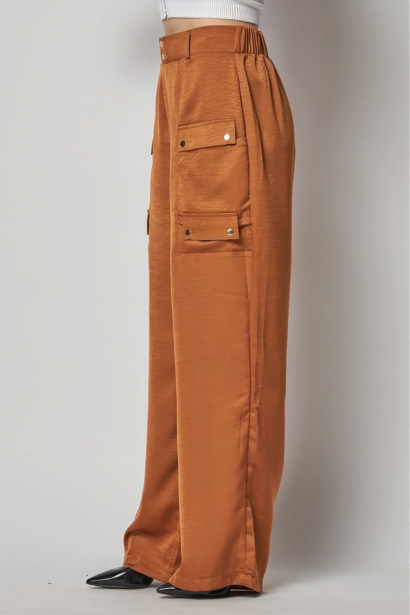 Satin Cargo Pocket Wide Leg Pants - ShopEasier