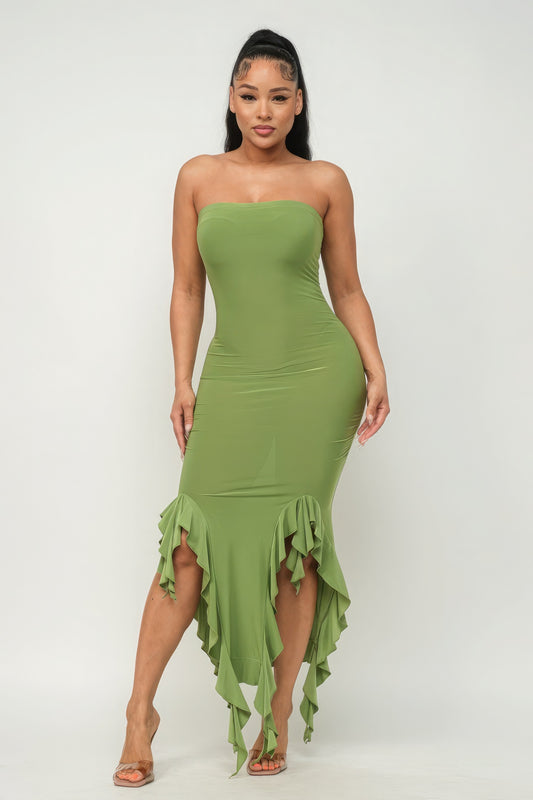 Solid Bottom Ruffle Trim Hem Slit Tube Maxi Dress - ShopEasier