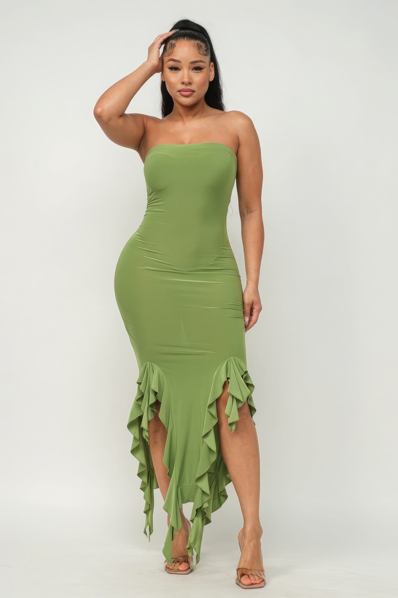 Solid Bottom Ruffle Trim Hem Slit Tube Maxi Dress - ShopEasier