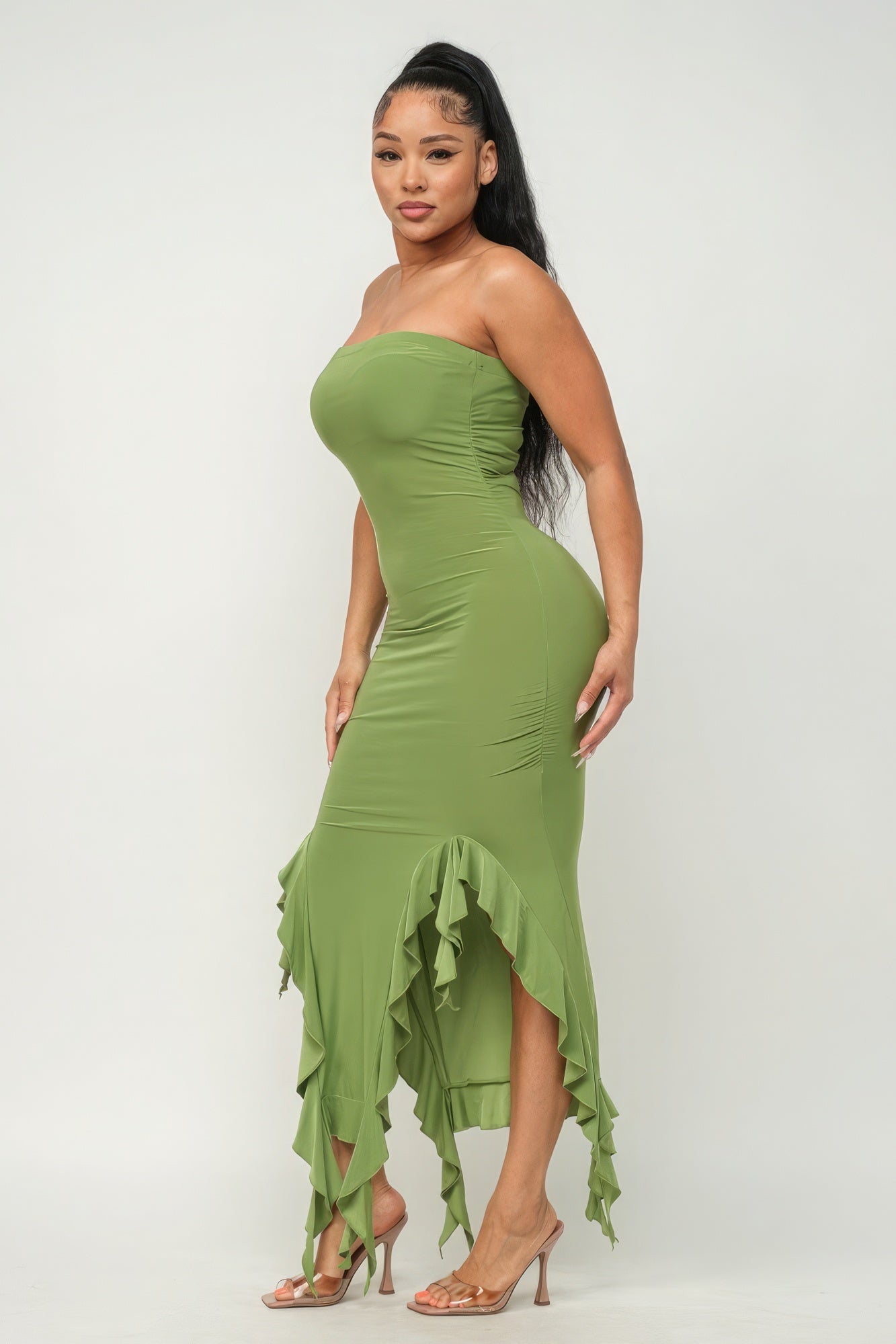 Solid Bottom Ruffle Trim Hem Slit Tube Maxi Dress - ShopEasier