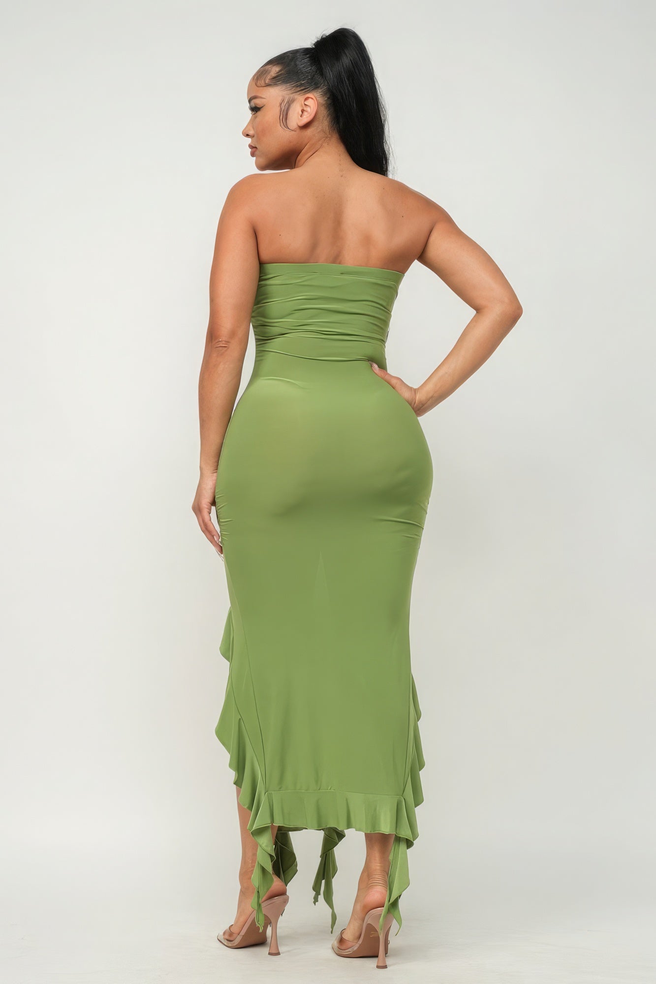 Solid Bottom Ruffle Trim Hem Slit Tube Maxi Dress - ShopEasier