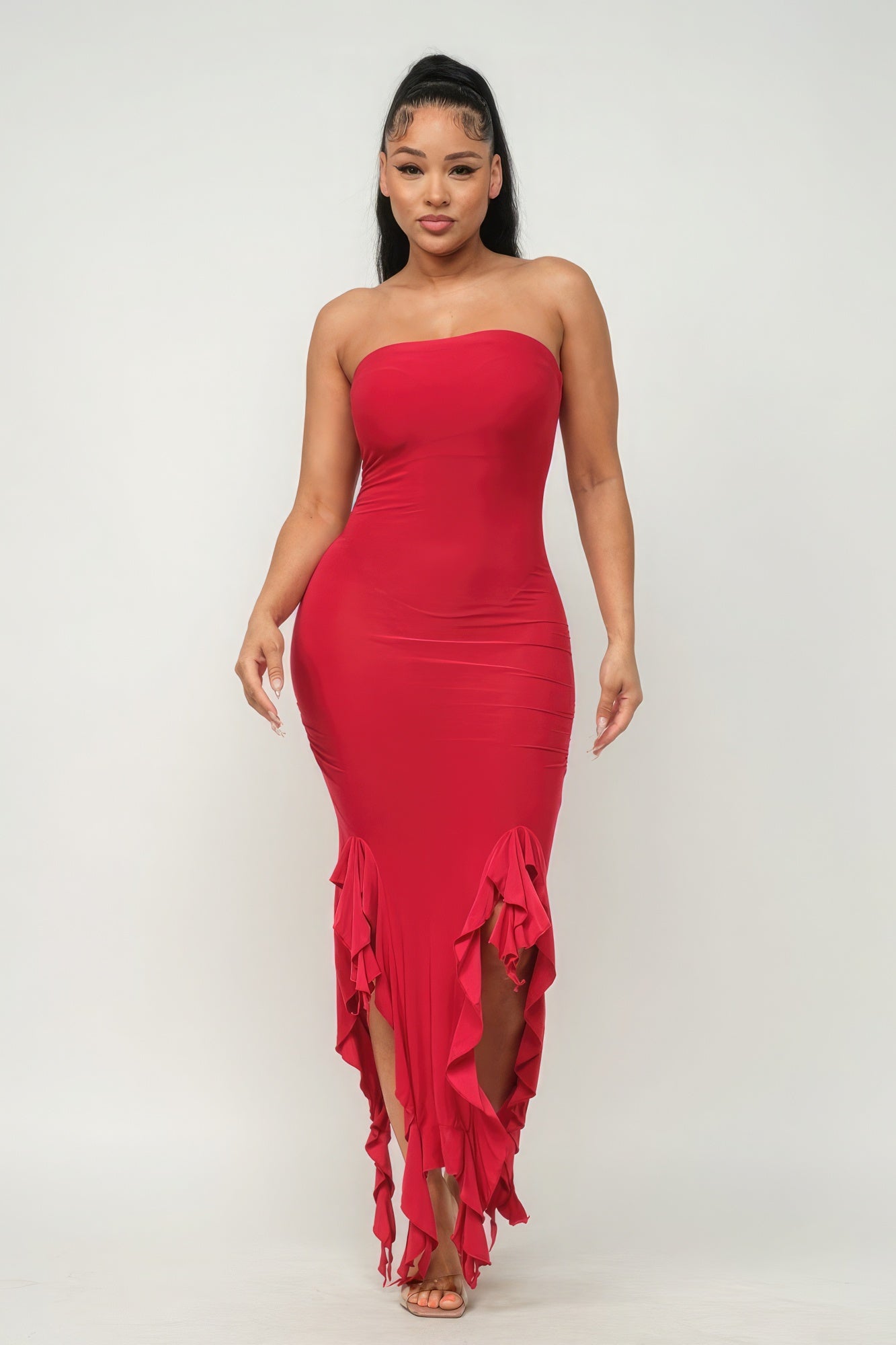 Solid Bottom Ruffle Trim Hem Slit Tube Maxi Dress - ShopEasier