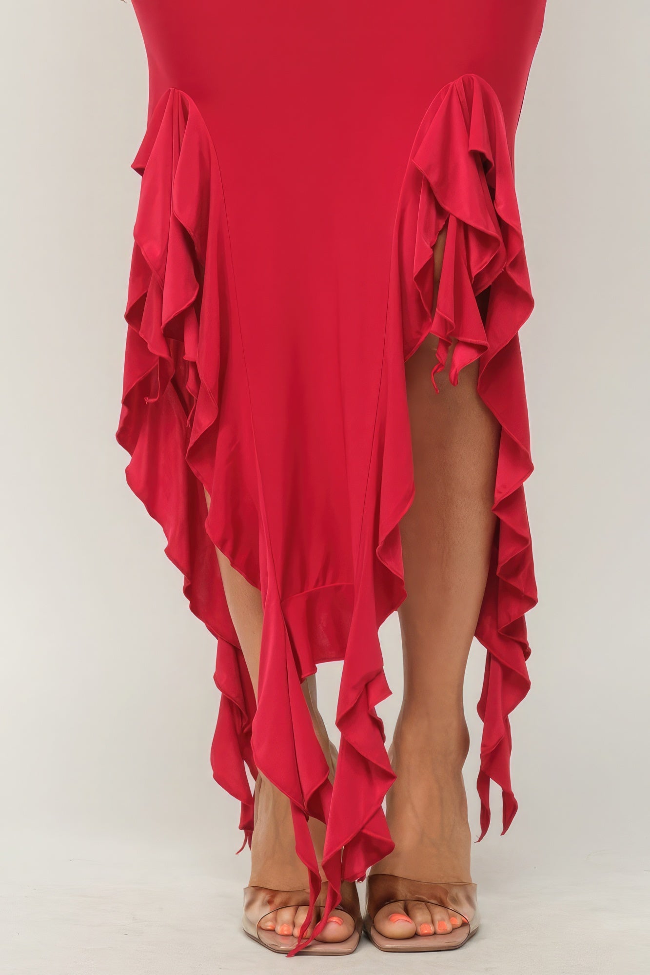 Solid Bottom Ruffle Trim Hem Slit Tube Maxi Dress - ShopEasier