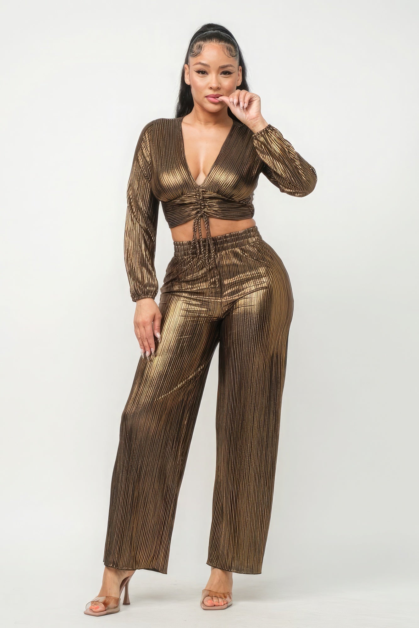 Foil Plisse Tunnel Shirring Top And Pants Set - ShopEasier