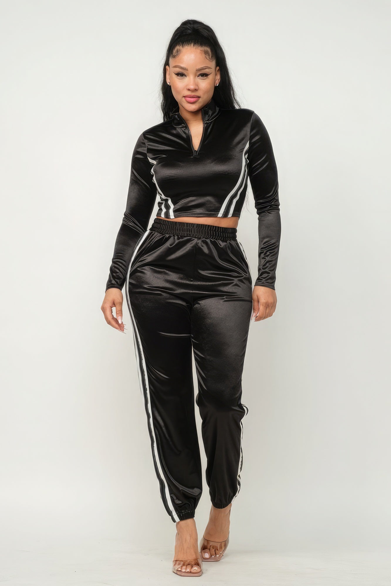 Front Zip Up Stripes Detail Jacket And Pants Set - ShopEasier